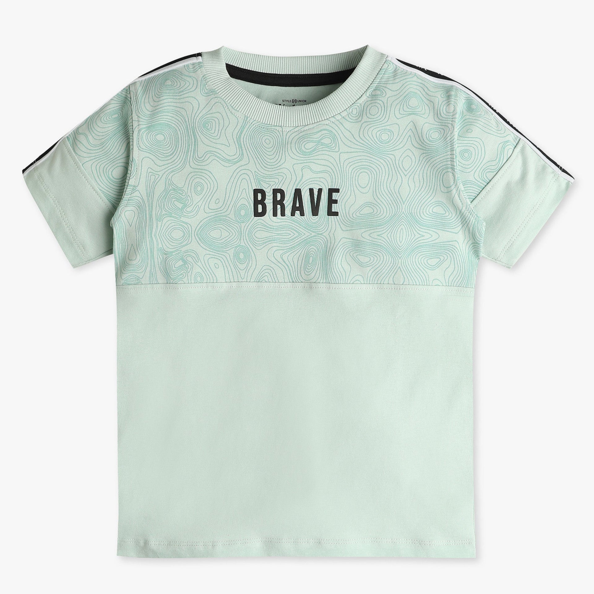 Boys Oversize Cut And Sew Crew Neck Brave Print T-Shirt
