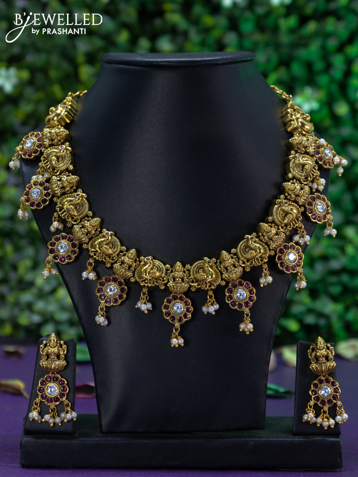 Antique necklace lakshmi & peacock design with pink kemp & cz stones and pearl hangings