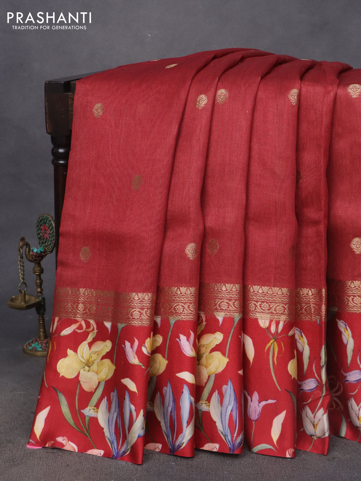 Banarasi tussar silk saree maroon and red with zari woven buttas and zari woven floral digital printed border