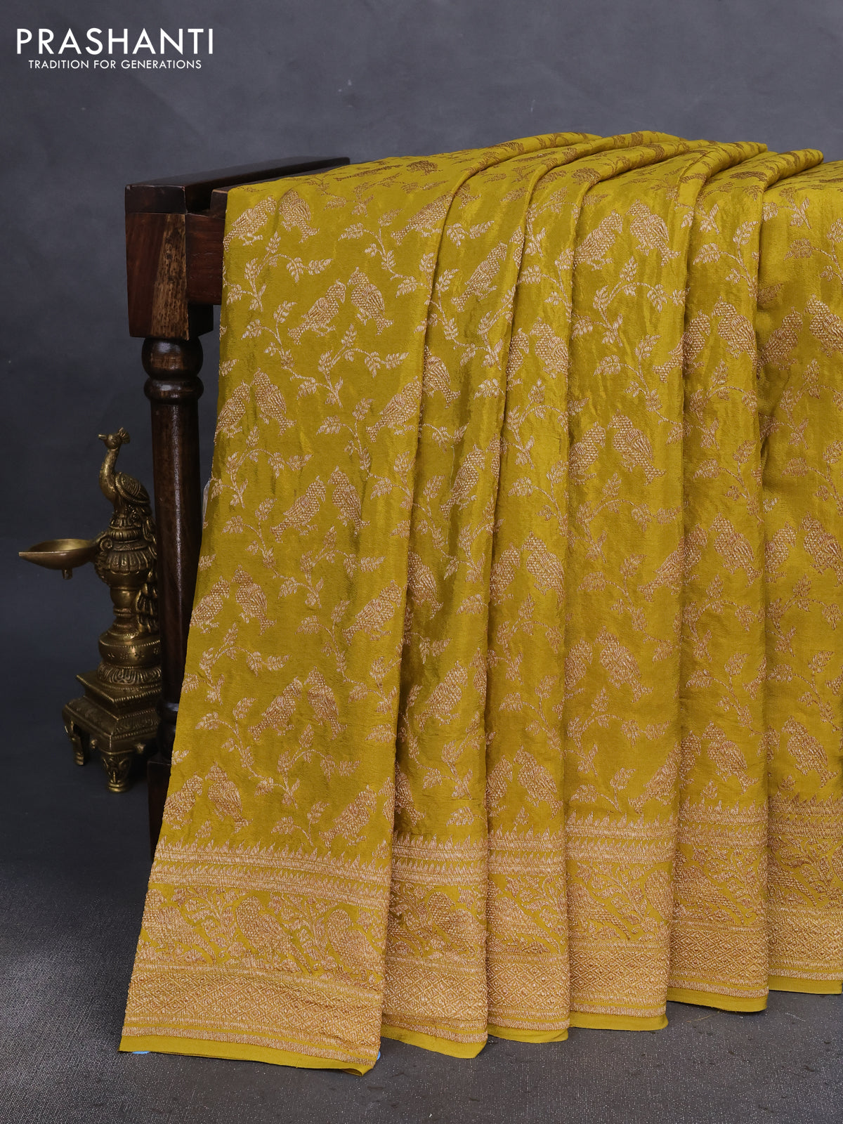 Banarasi crepe saree lime green with allover thread & zari weaves and woven border