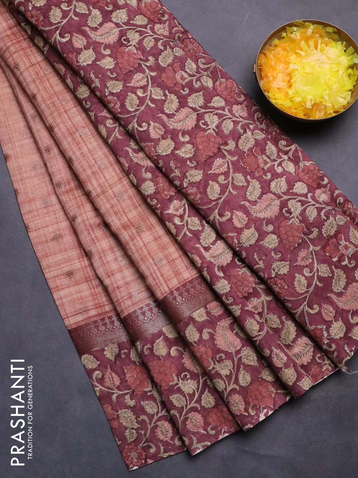 Chanderi silk cotton saree rust shade and pastel maroon with allover zari buttas and printed border