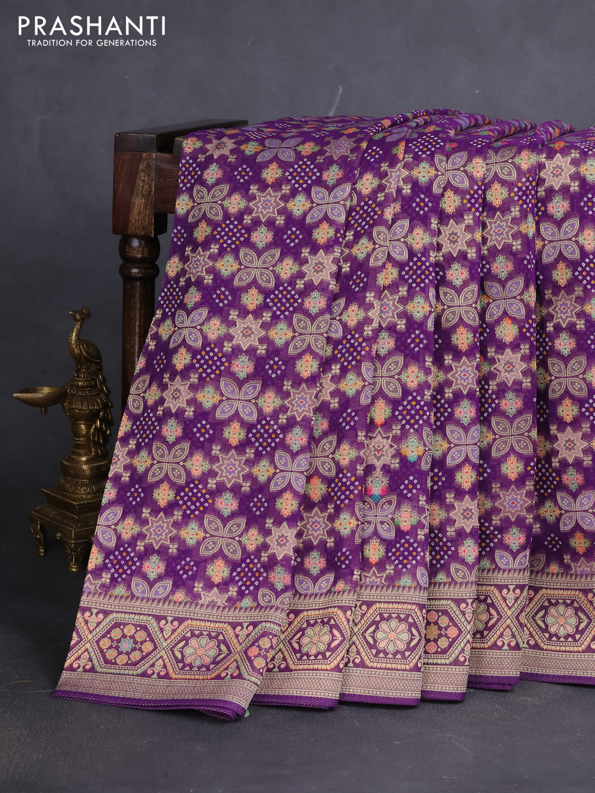 Banarasi georgette saree violet with bandhani prints & mina weaves