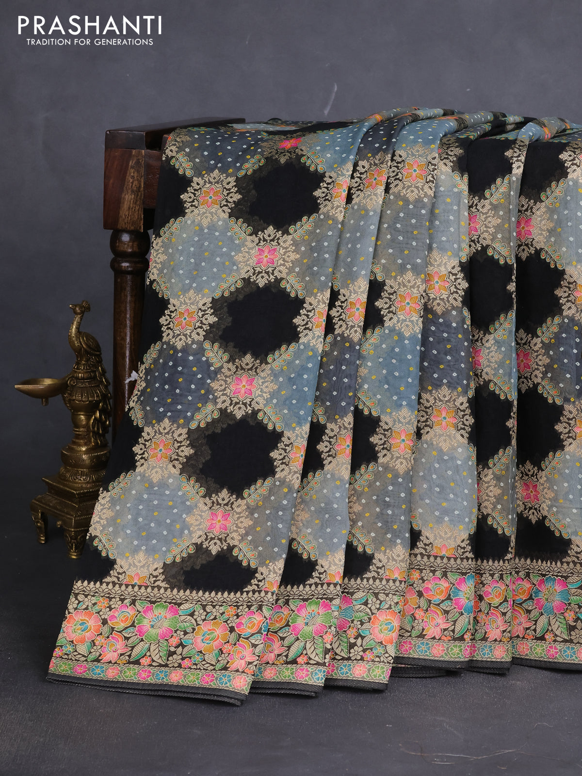 Banarasi georgette saree black and grey with bandhani prints & mina weaves