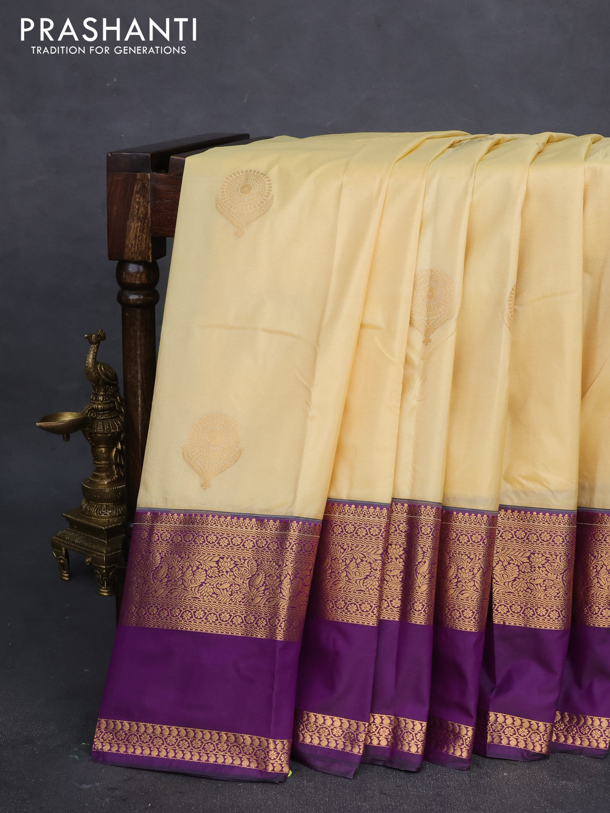 Bangalori silk saree pale yellow and violet with zari woven buttas and rettapet zari woven border