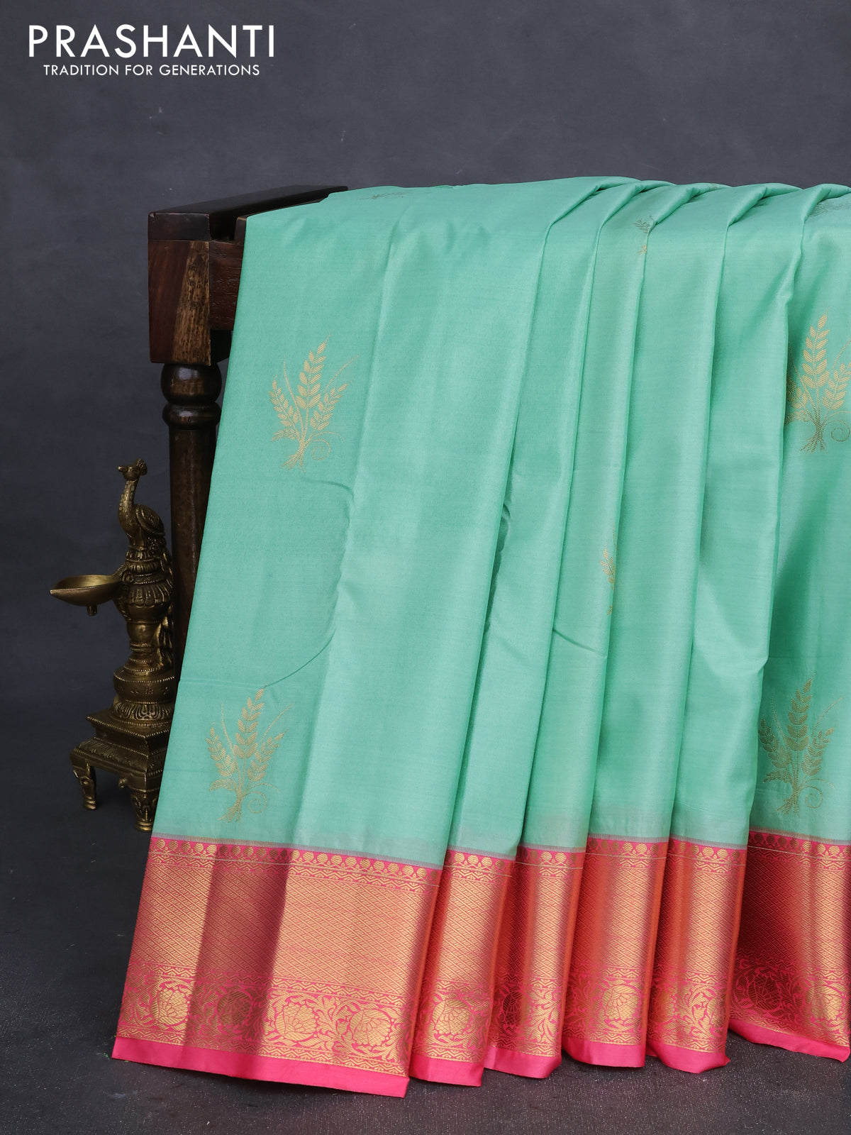 Bangalori silk saree pastel green and pink with zari woven buttas and zari woven border