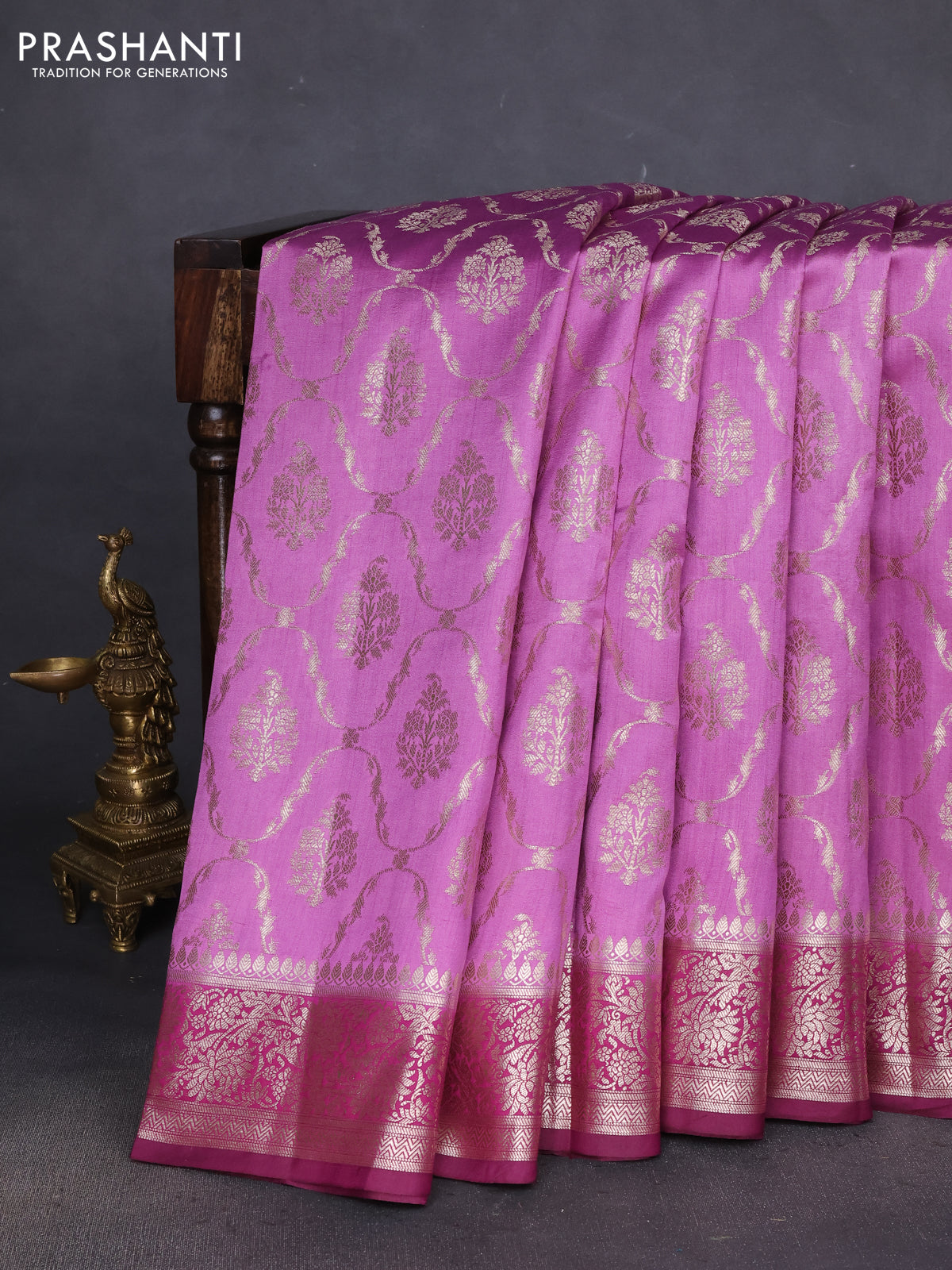 Chiniya silk saree mauve pink and wine shade with allover zari weaves and zari woven border