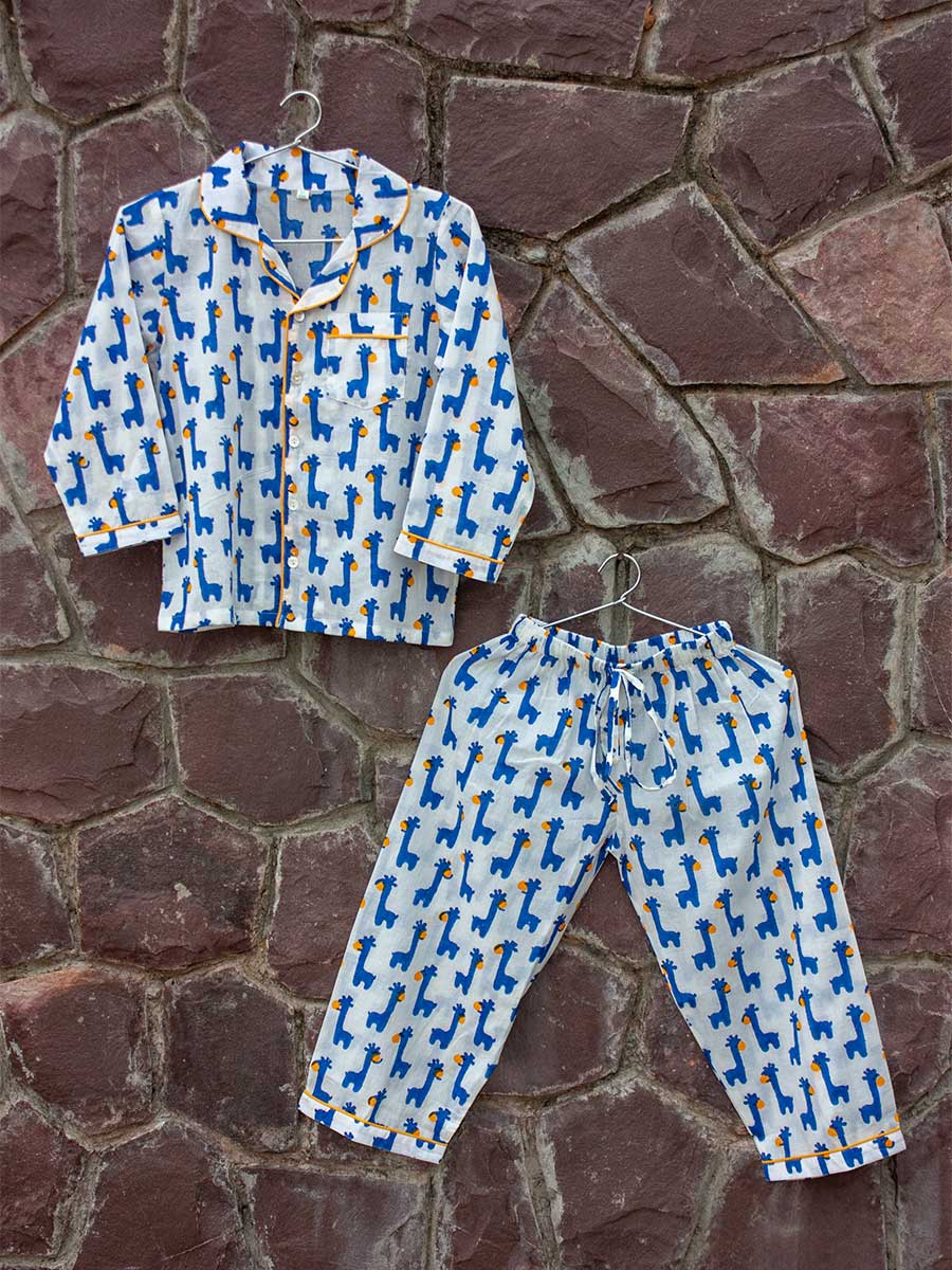Blue Giraffe Block Printed Cotton Top & Pyjama Set