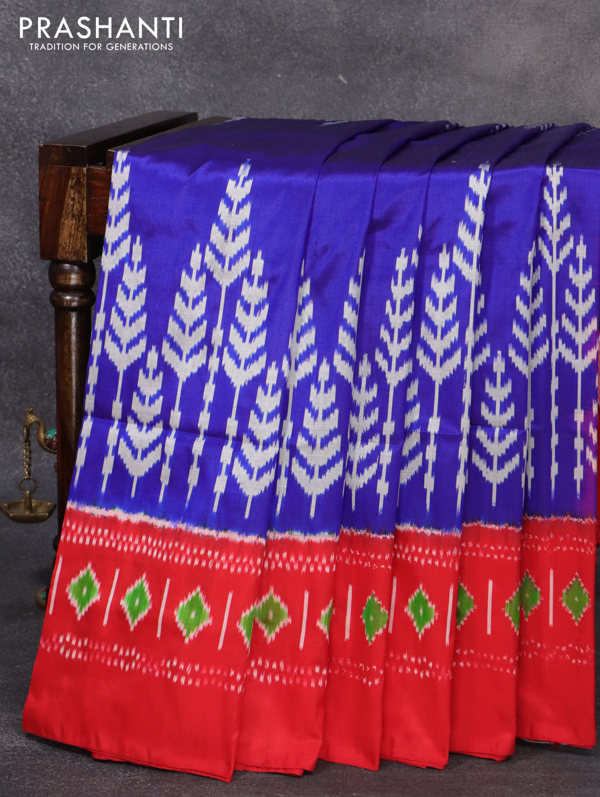 Pochampally silk saree blue and red with ikat weaves and ikat woven border