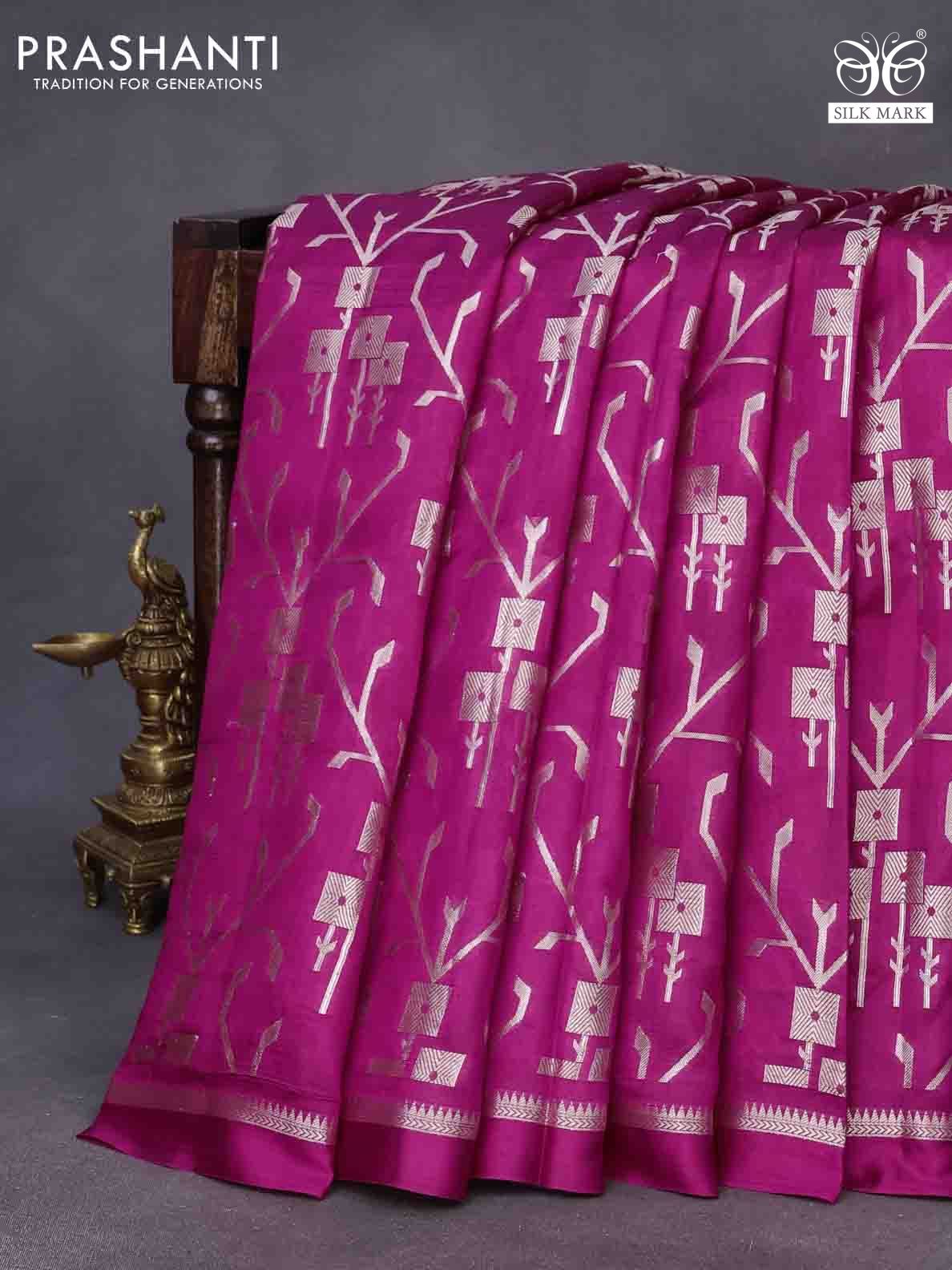 Chiniya silk saree pink with allover silver zari weaves and zari woven simple border