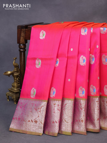 Venkatagiri silk saree dual shade of pink and light green with thread & silver zari woven annam buttas and annam silver zari woven border