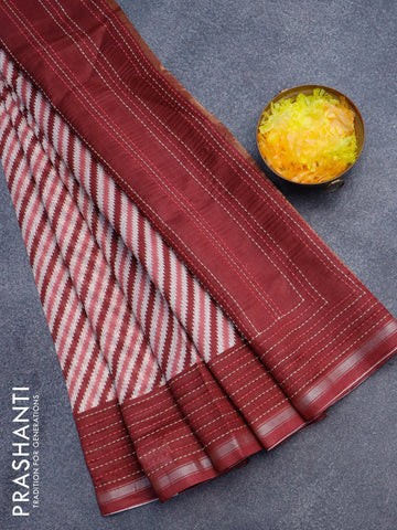 Chanderi silk cotton saree maroon and cream with allover stripes pattern and kantha stitch work border