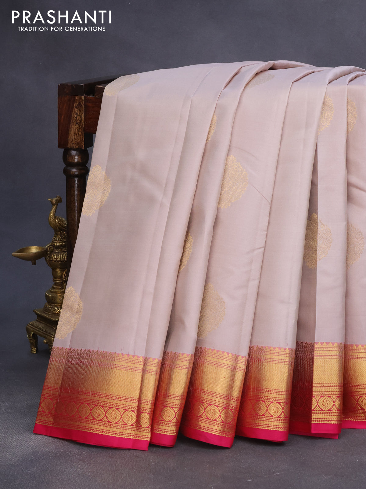 Pure kanchipuram silk saree beige and pink with zari woven buttas and zari woven border