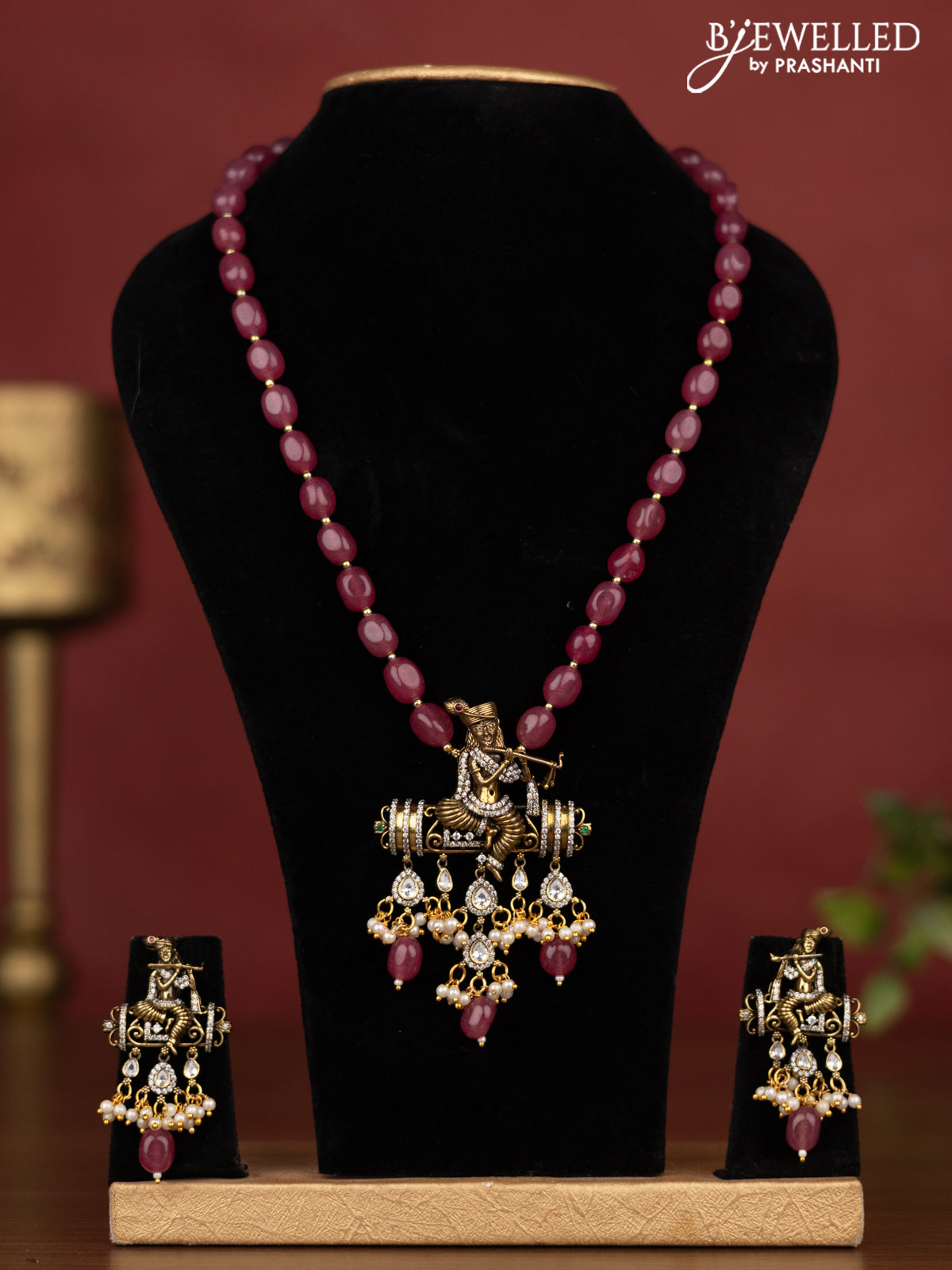 Beaded pink necklace krishna pendant with kemp & cz stones and pearl hangings