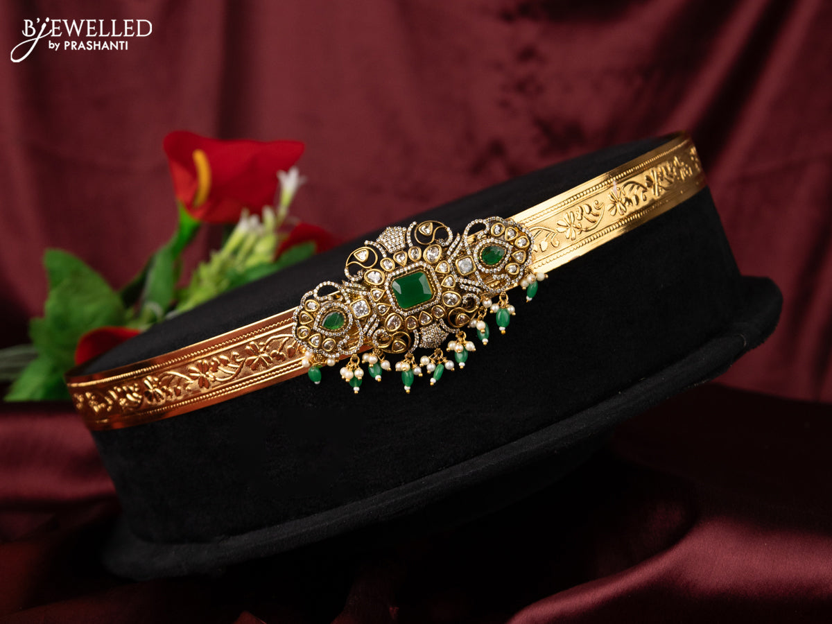 Antique self embosse hip belt with green kemp & cz stones and pearl & beads hanging