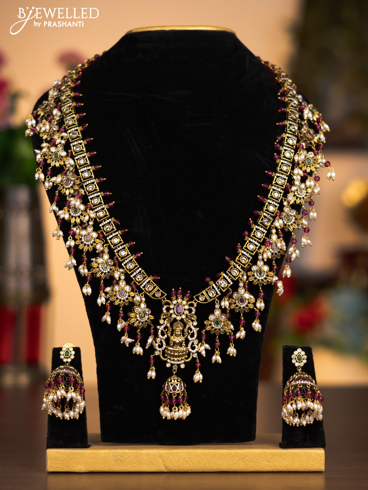 Antique haaram lakshmi pendant with kemp & cz stones and pearl & pink beads hanging
