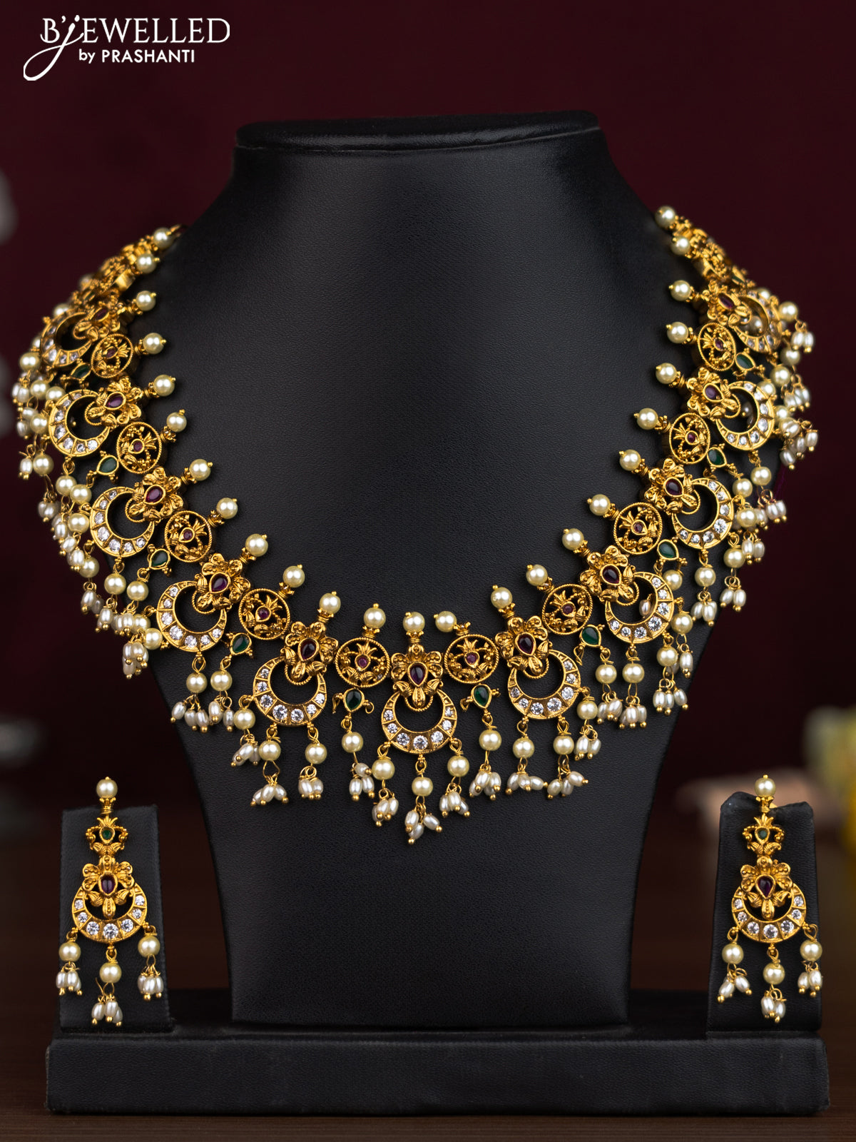 Antique guttapusalu necklace chandbali & manga design with kemp & cz stones and pearl hangings