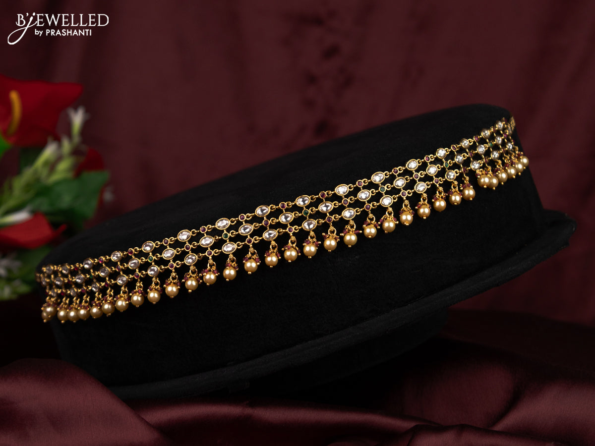 Antique hip chain with kemp & kundan stones and pearl & beads hanging