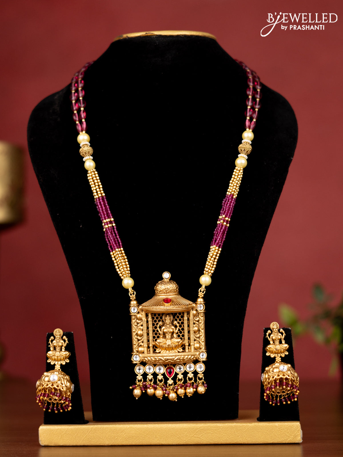 Crystal beaded maroon necklace with cz & pink kemp stone antique lakshmi pendant