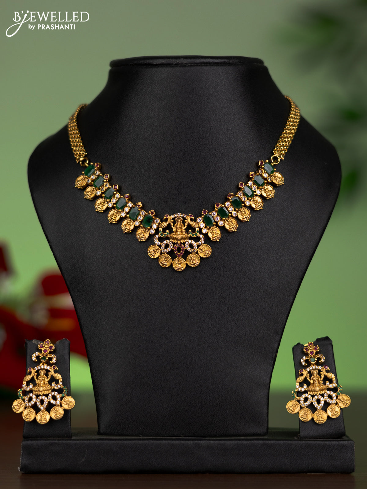 Antique attigai necklace lakshmi design with kemp & cz stones