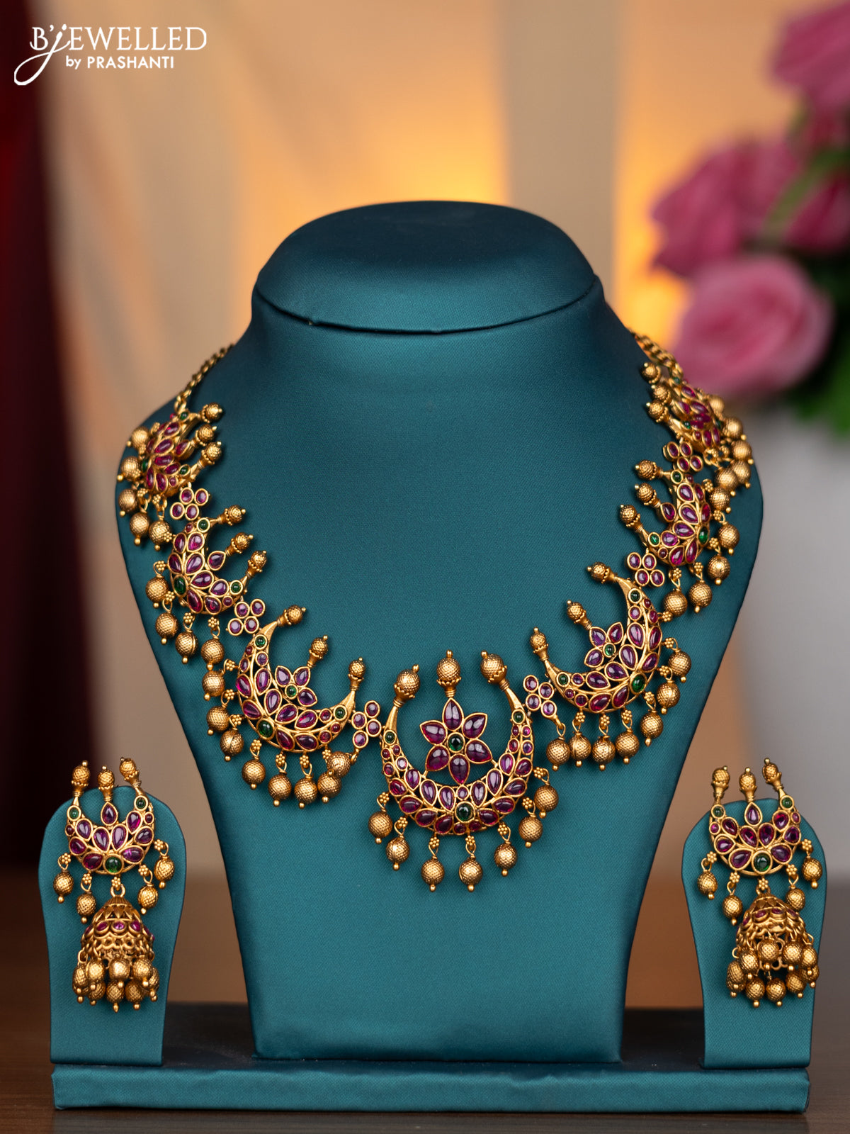 Antique necklace chandbali design with kemp and golden beads hangings