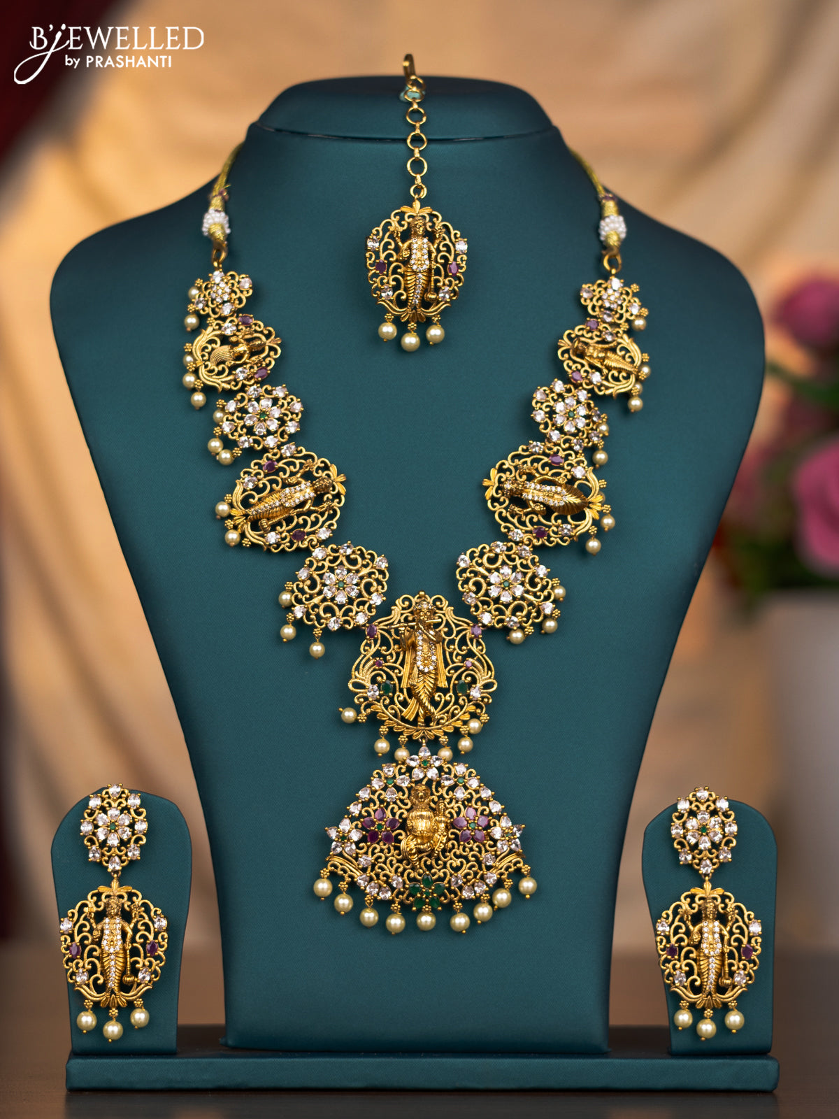 Antique dasavatar necklace with kemp & cz stones and pearl hangings with maang tikka