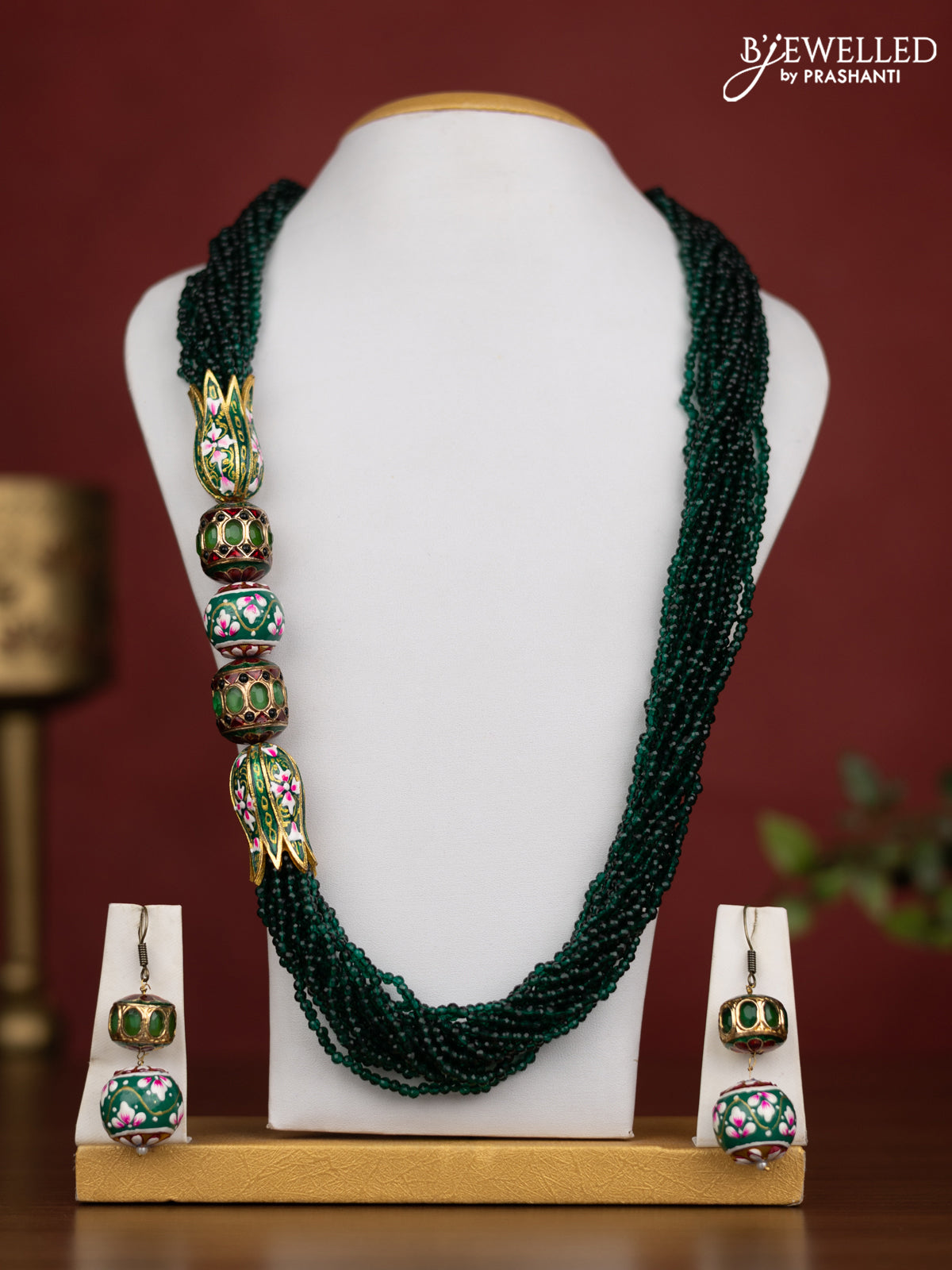 Jaipur crystal dark green and meenakari beads necklace with earrings