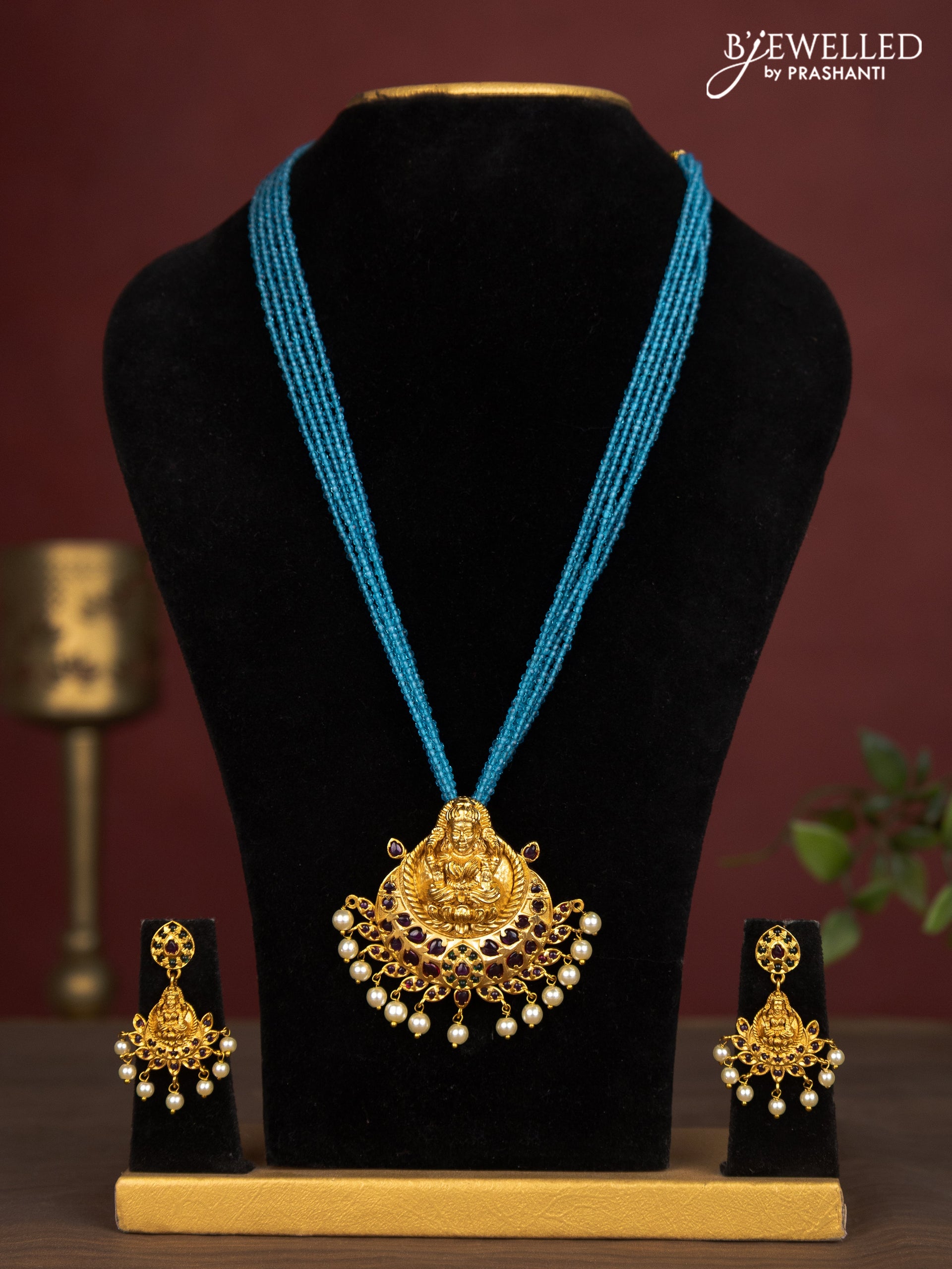 Jaipur crystal beaded multilayer light blue necklace with lakshmi pendant