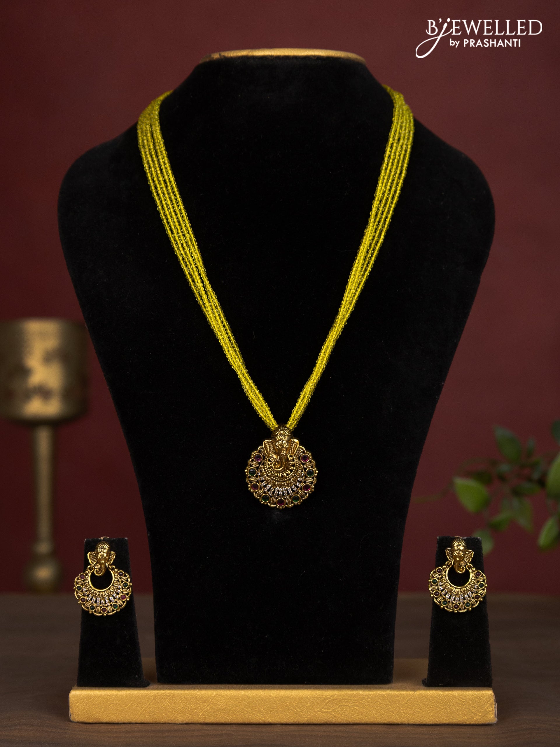 Jaipur crystal beaded multilayer yellow necklace with ganesha pendant