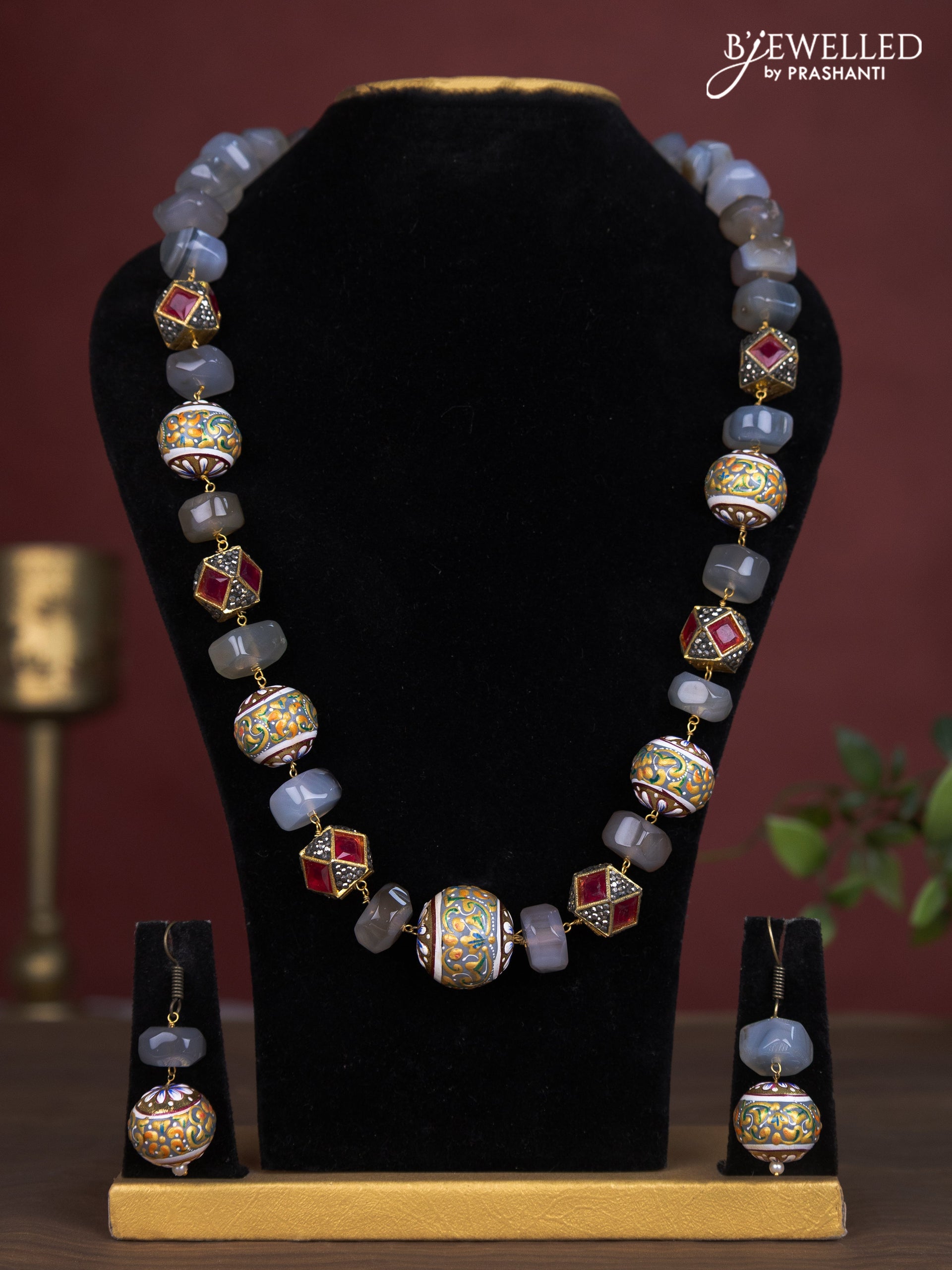 Jaipur beaded grey stone necklace with meenakari balls