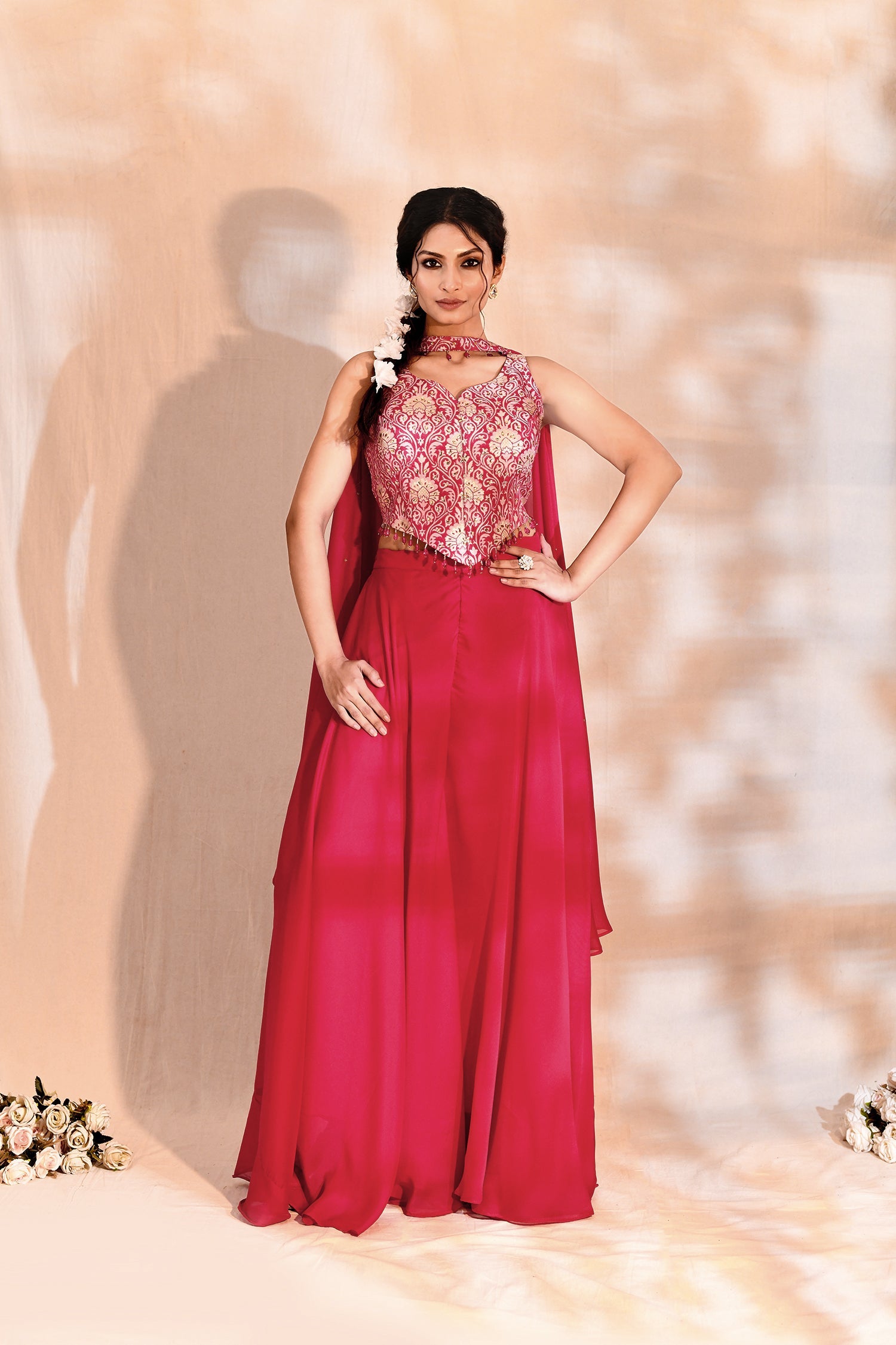 Bright Pink Tissue Silk Floral Woven Indo-Western Set