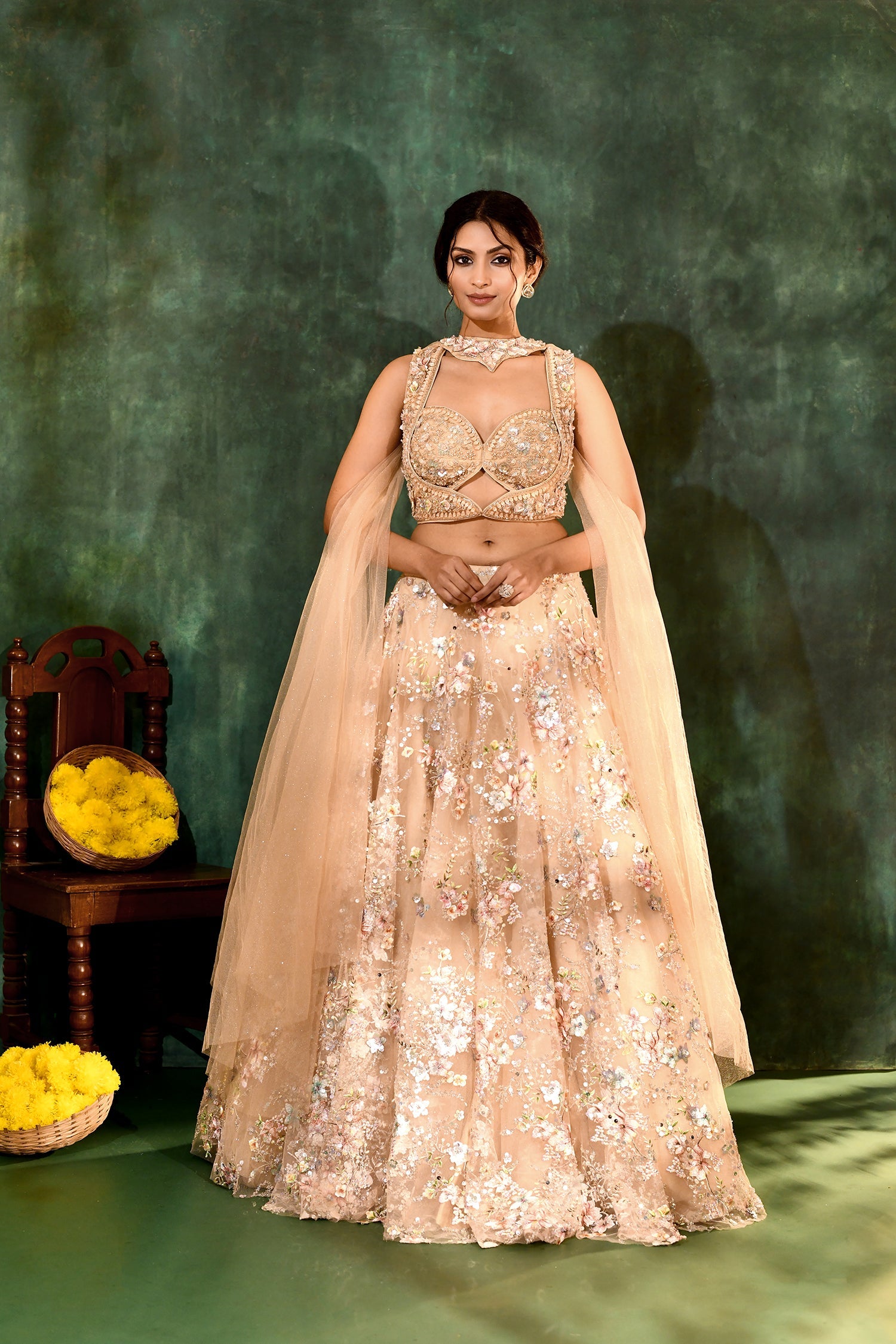 Cream Net Embroidered Floral Bridal Lehenga Set