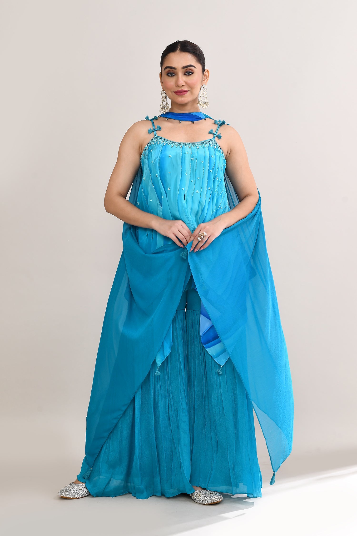 Azure Blue Satin Crepe Indo Western Peplum Set