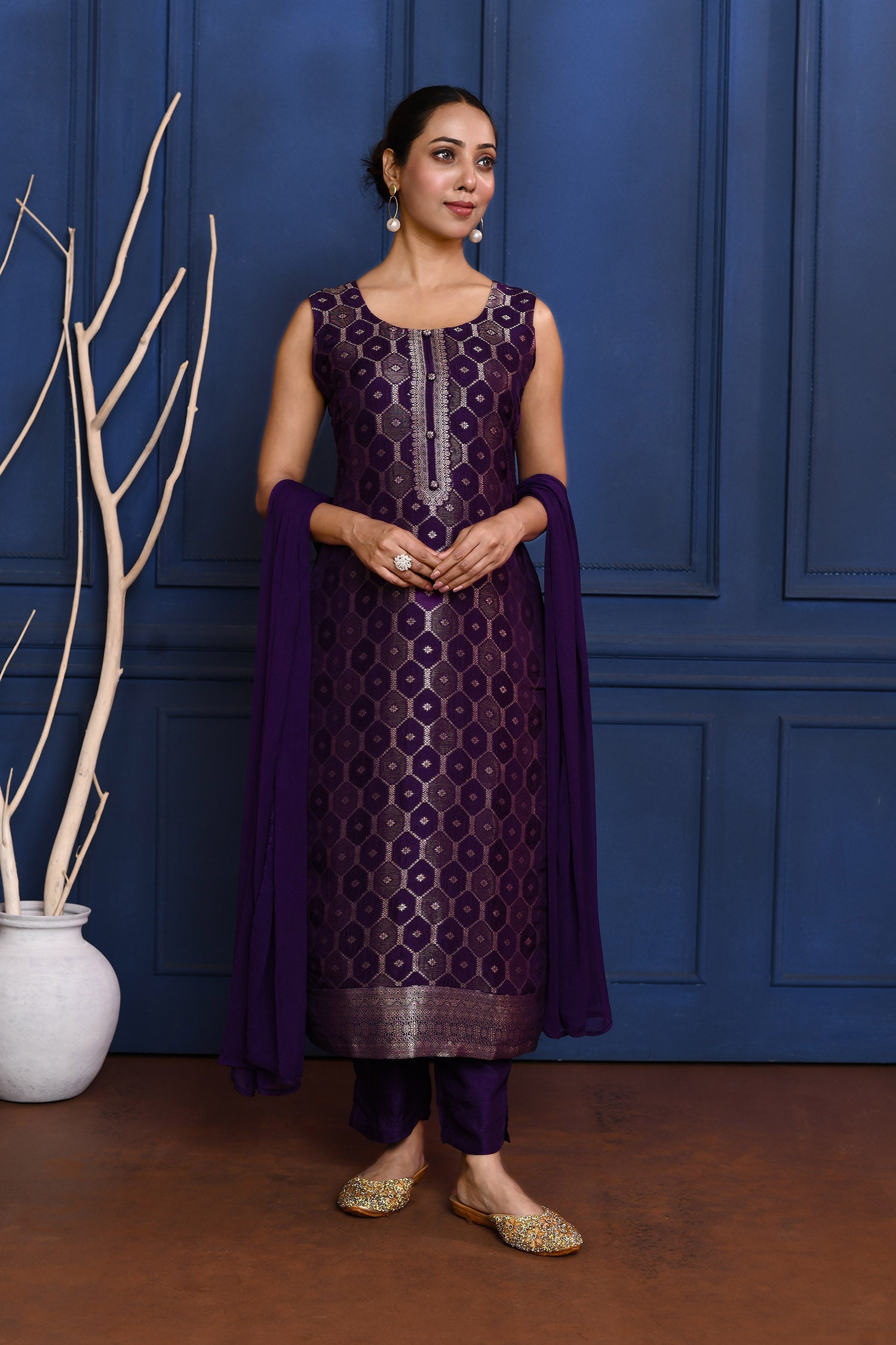 Deep Purple Zari Woven Silk Kurta Set