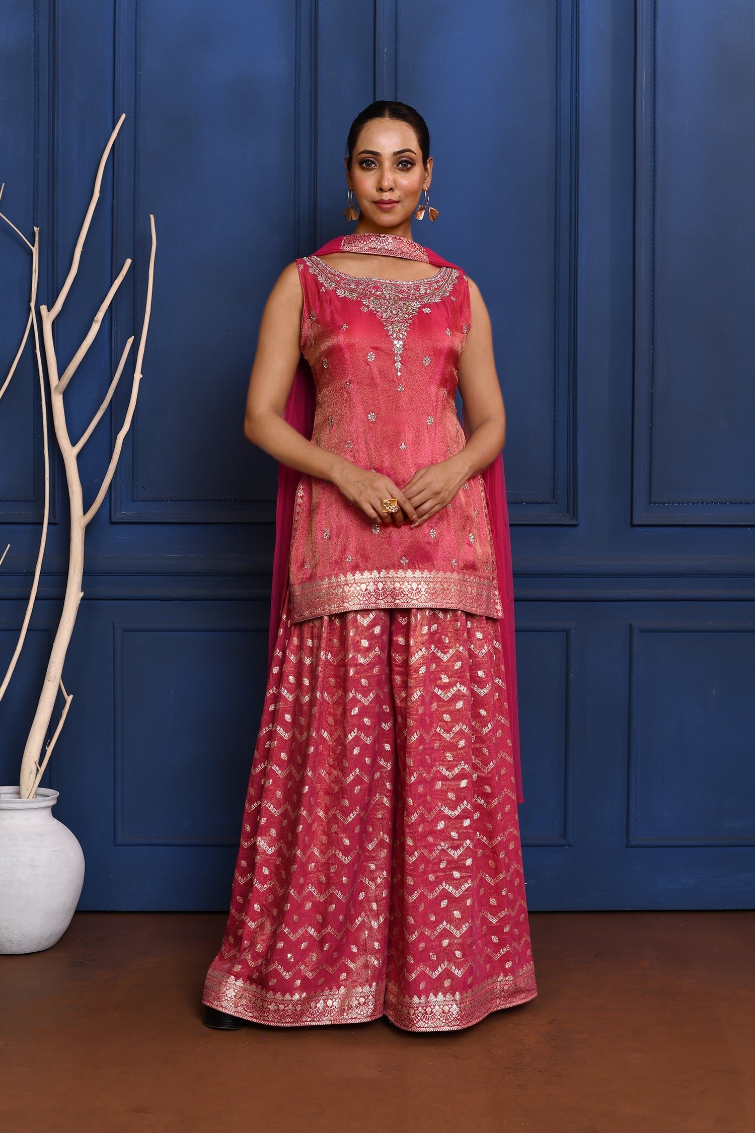 Bright Pink Banarasi Tissue Sharara Set
