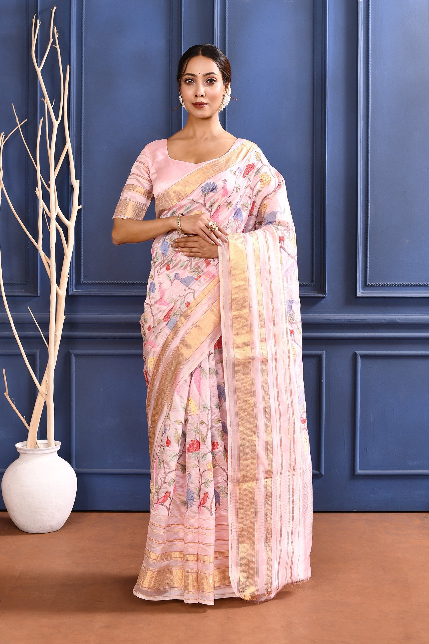 Flamingo Pink Embroidered Silk Saree