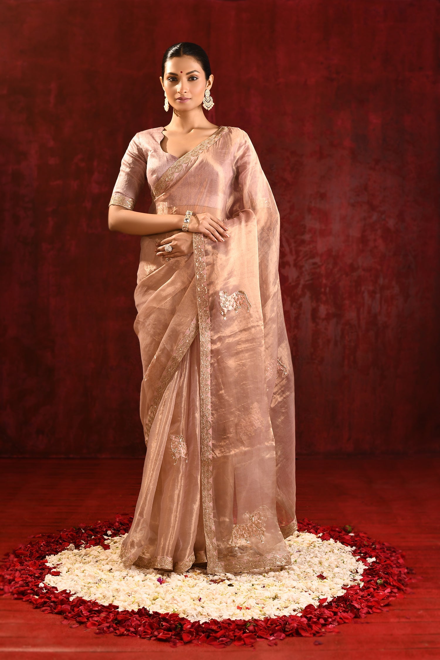 Beige Gold Embroidered Tissue Gomatha Saree