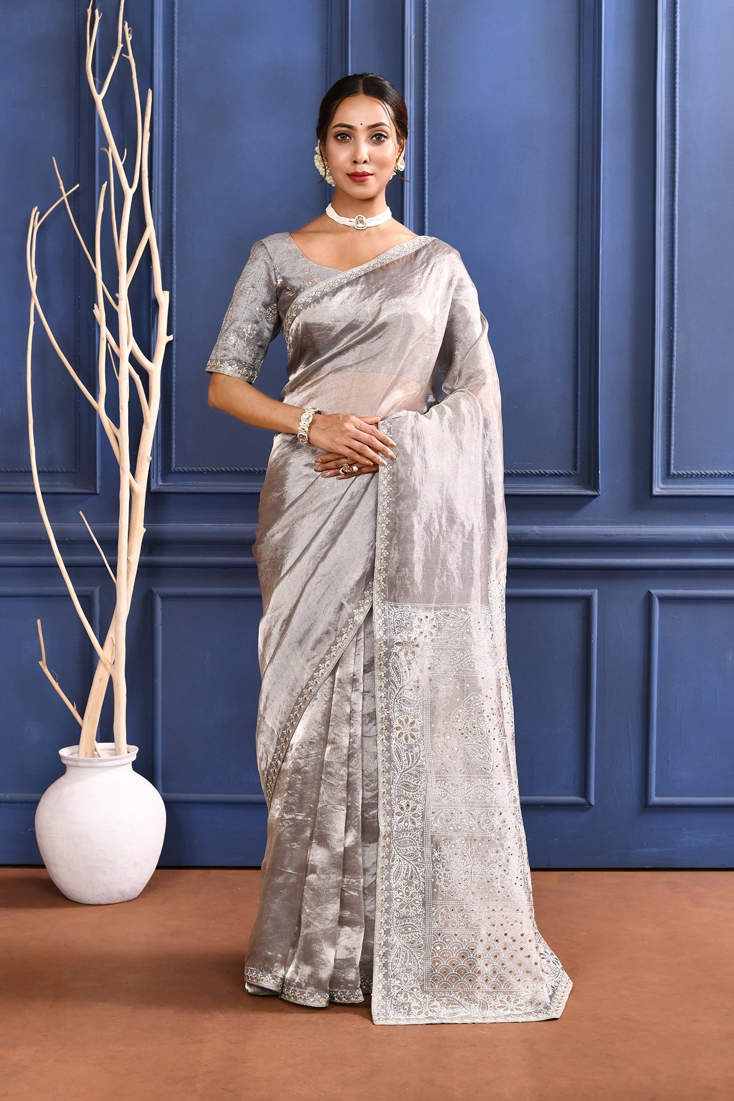 Silver Foil Printed Tissue Saree