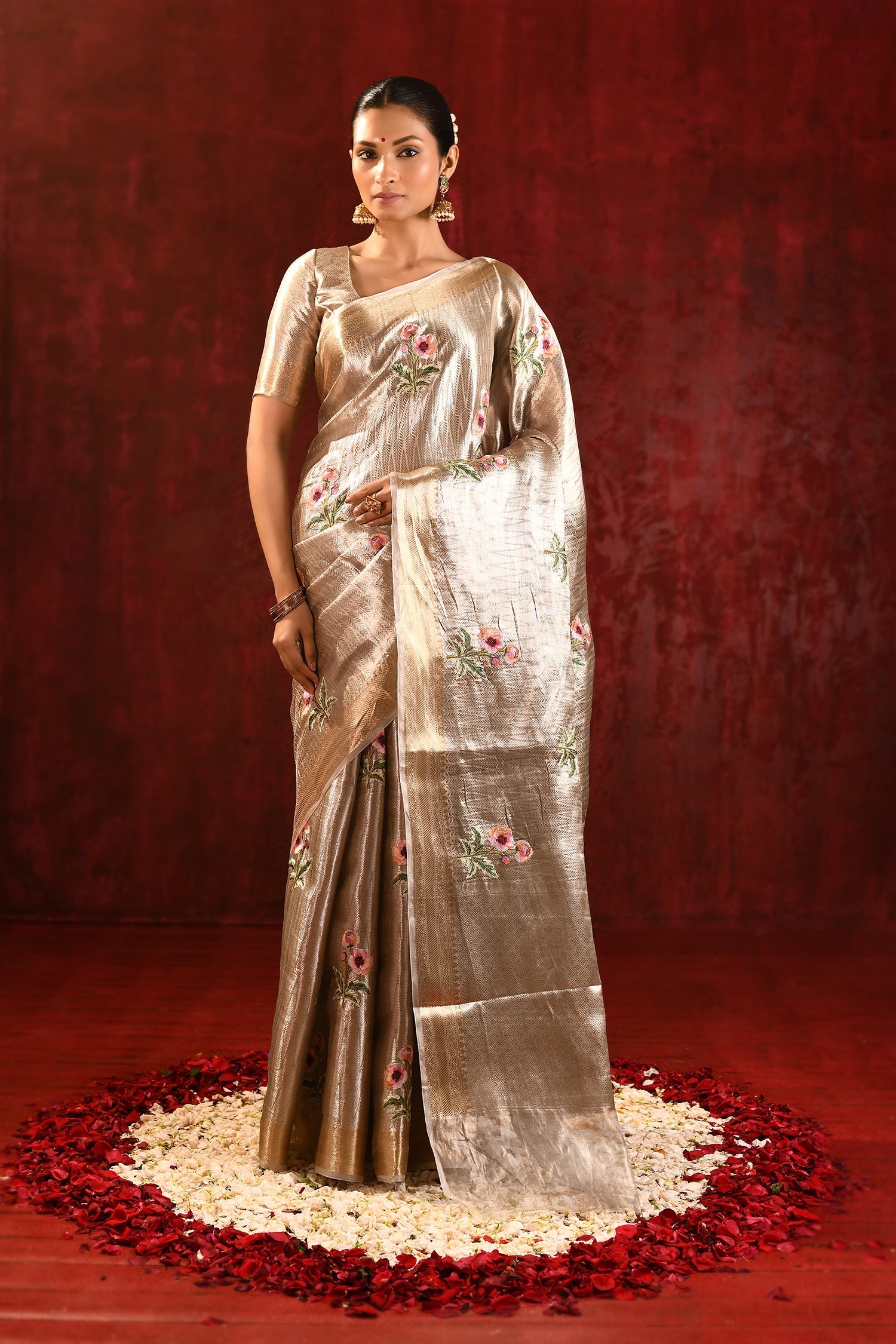 Jewel Gold Tissue Floral Embroidered Saree