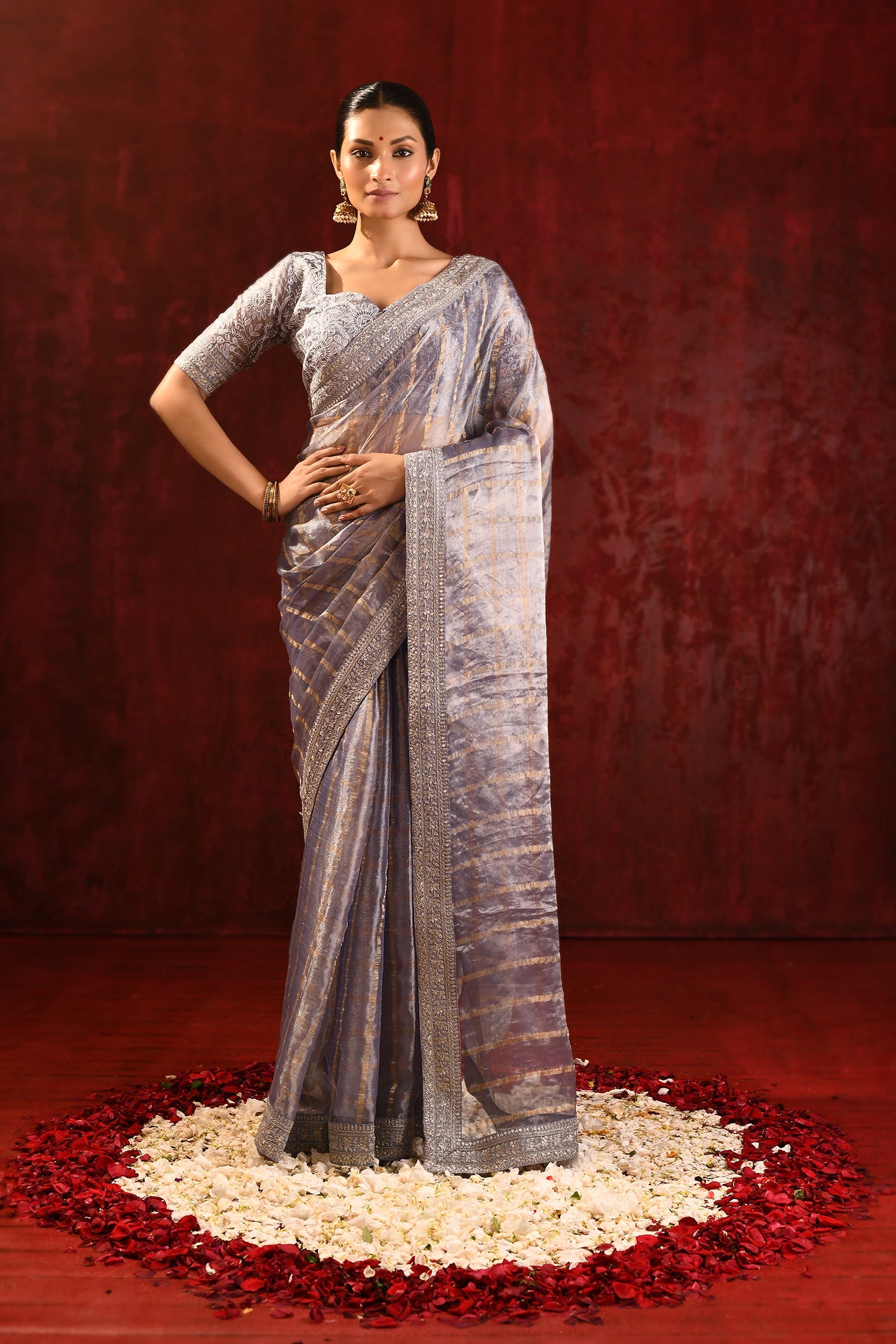 Metallic Grey Embroidered Tissue Saree
