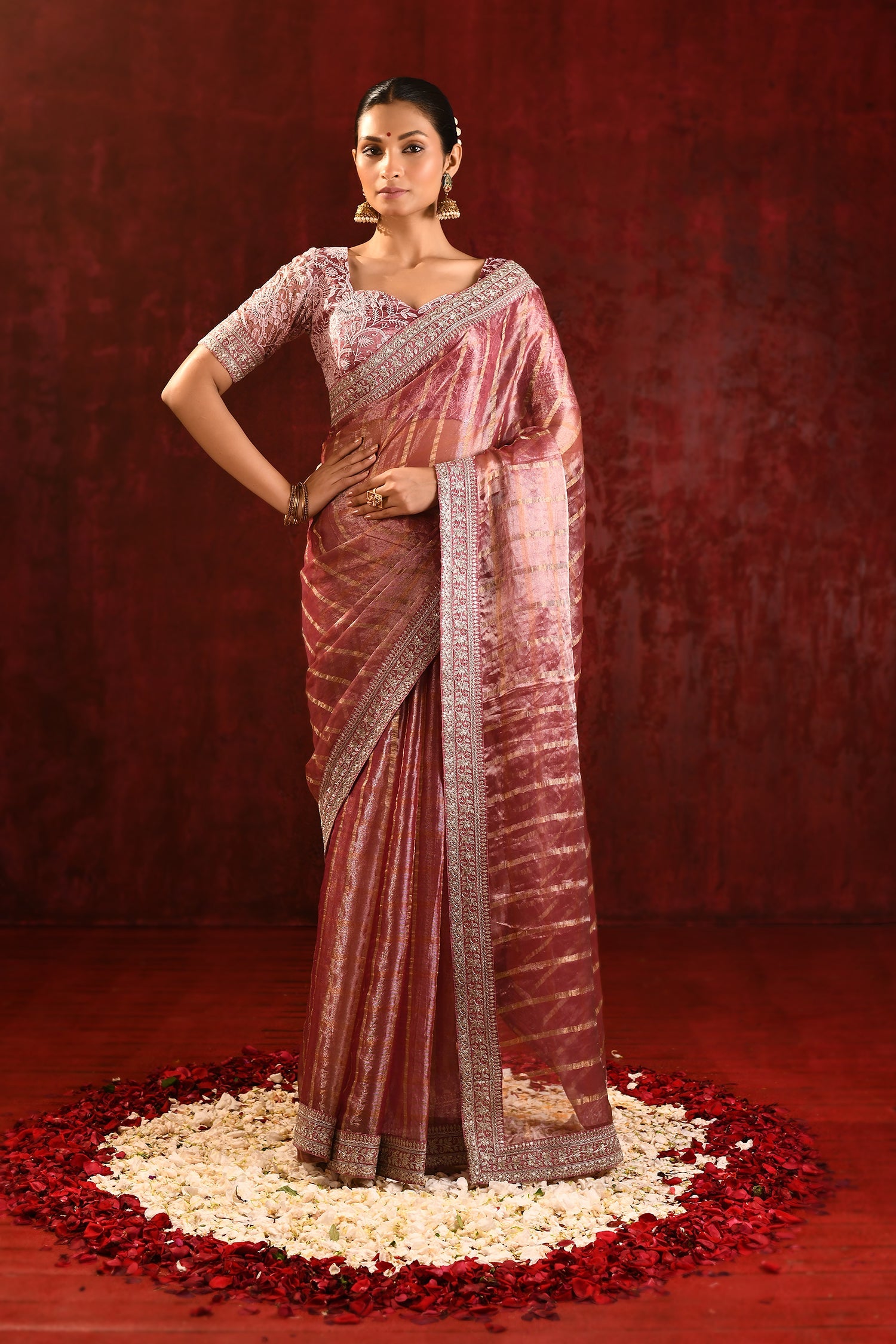 Metallic Pink Embroidered Tissue Saree