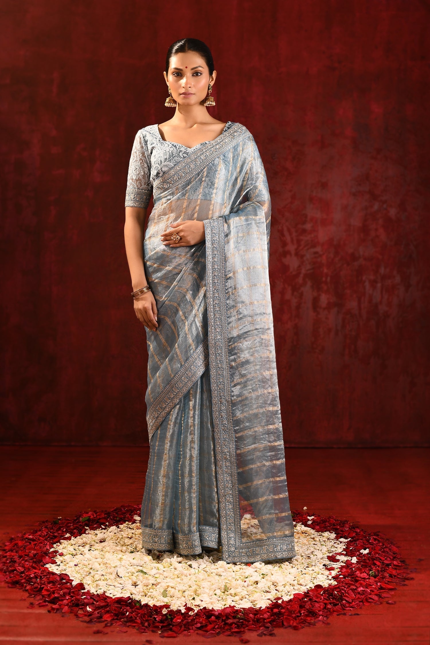 Metallic Grey Embroidered Tissue Saree