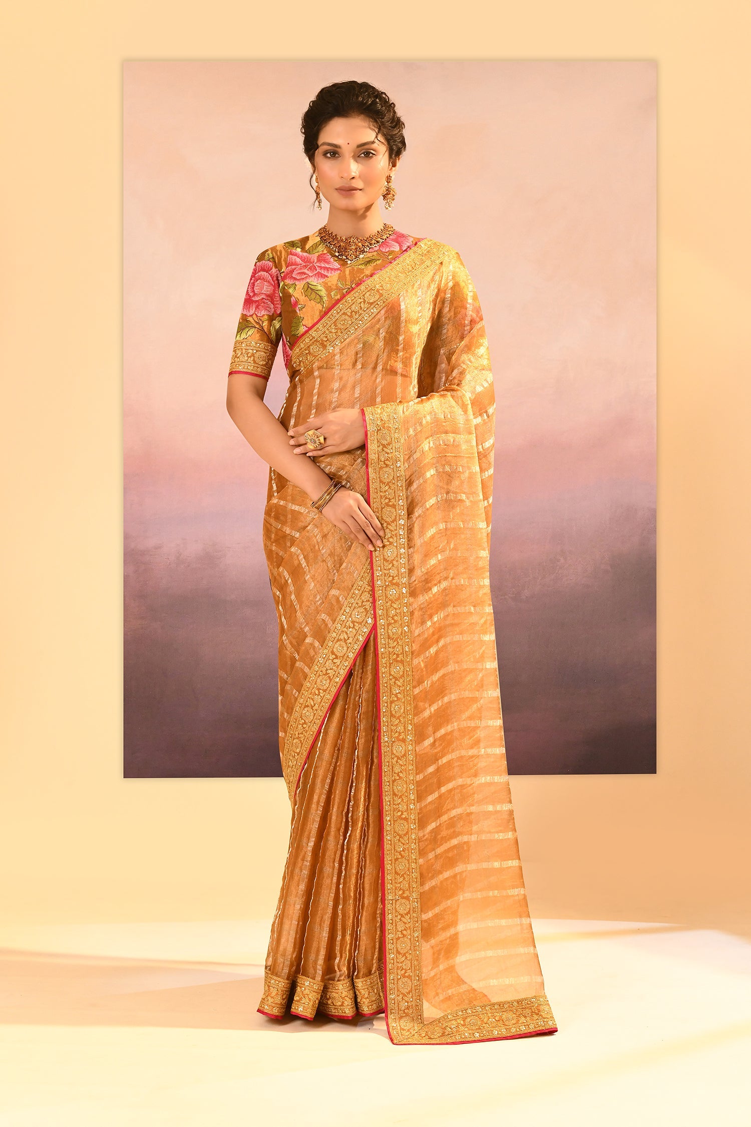 Golden Embroidered Tissue Saree With Stripes