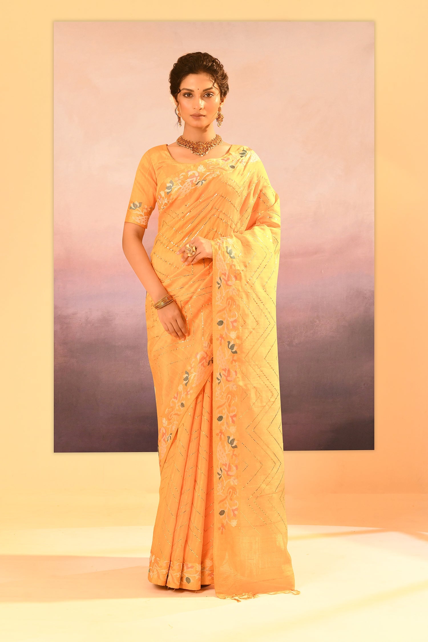 Bright Yellow Foil Printed Dupion Silk Saree