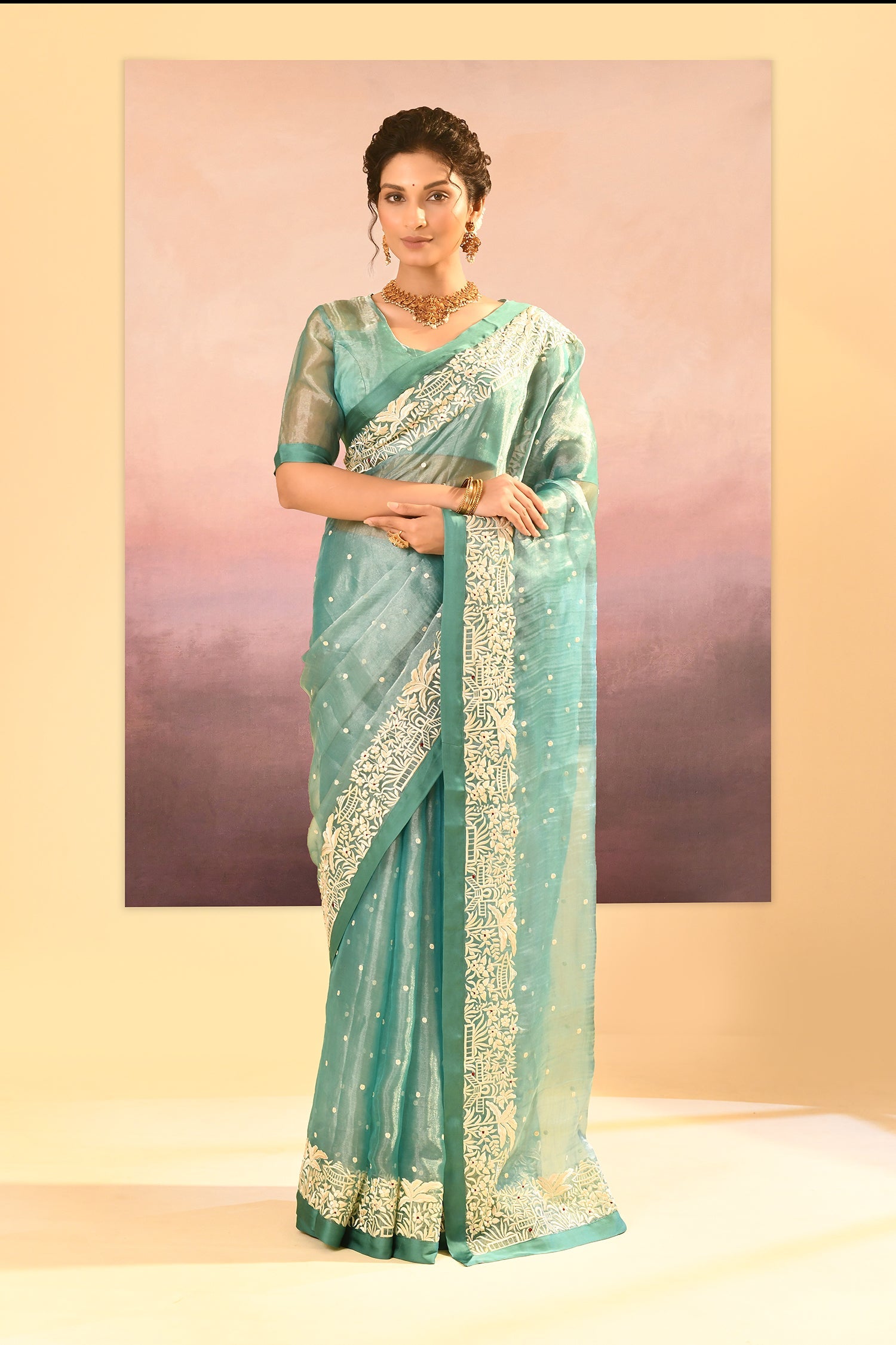 Mint Green Tissue Embroidered Saree
