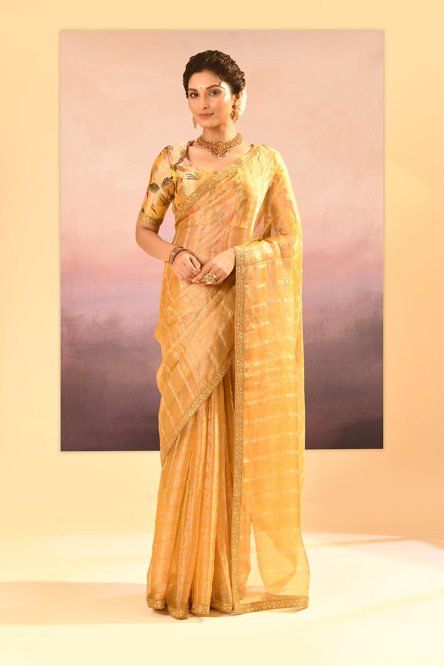 Golden Yellow Embroidered Tissue Saree