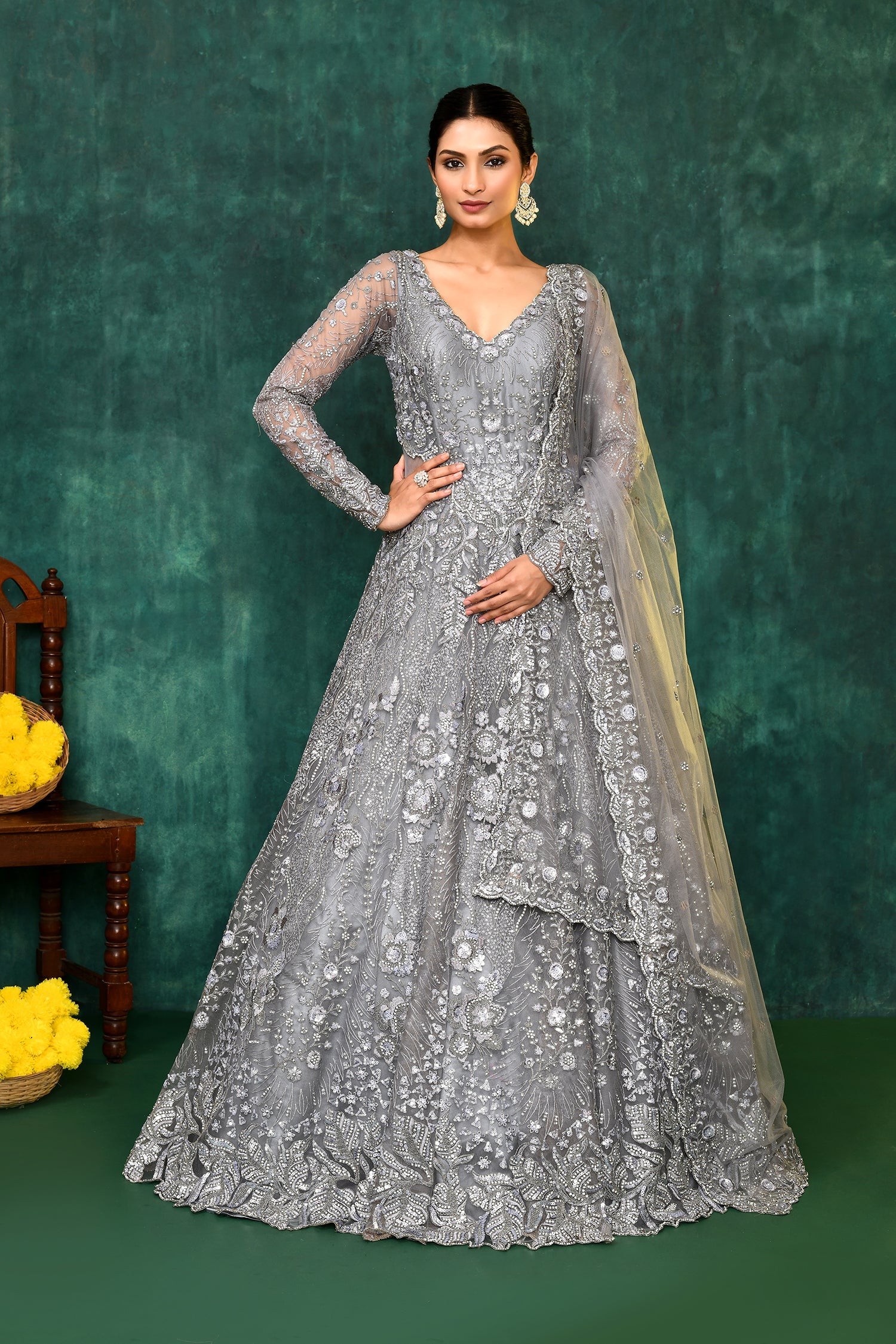 Ash Grey Net Embroidered Traditional Gown Set