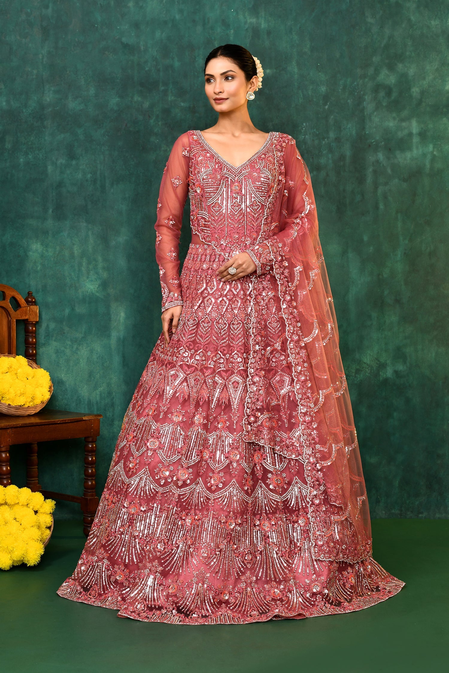 Coral Pink Net Embroidered Traditional Gown
