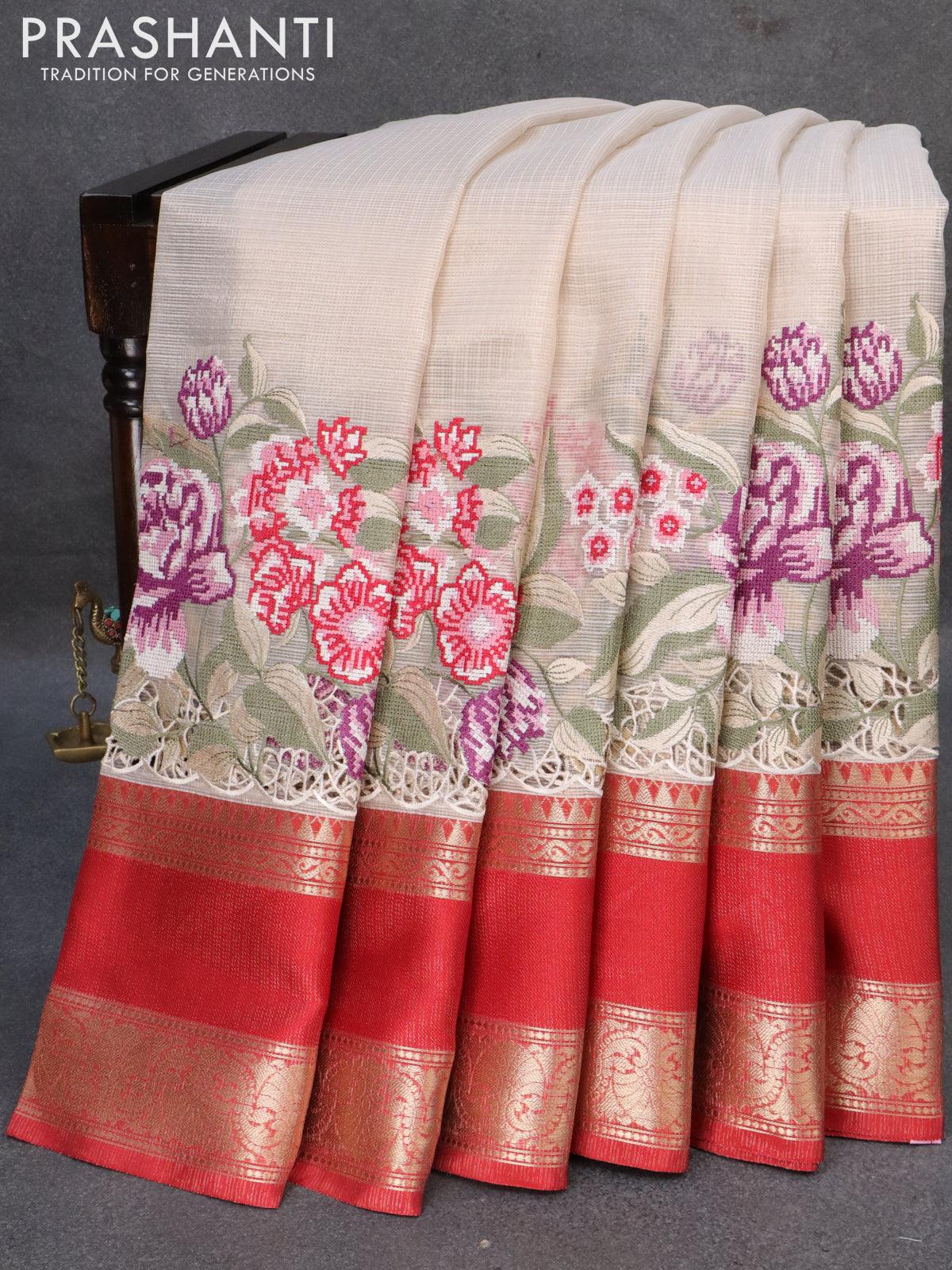 Banarasi kota tissue saree off white and red with floral design embroidery work and rettapet zari woven border