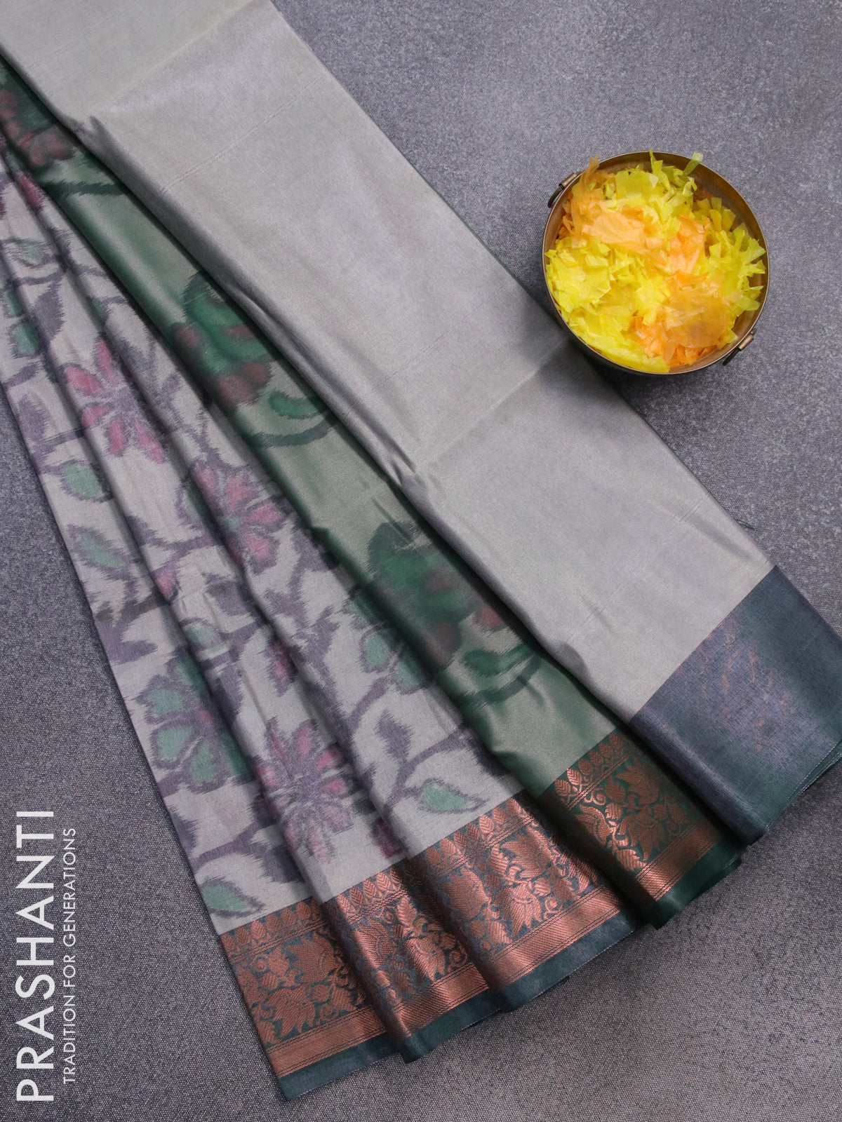 Banarasi semi tussar saree grey and dark green with allover ikat weaves and copper zari woven border