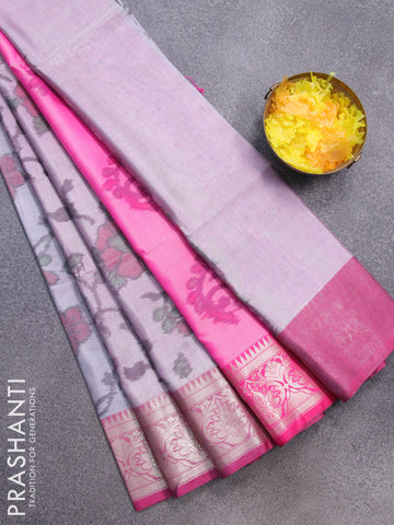 Banarasi semi tussar saree pastel grey and pink with allover ikat weaves and zari woven border